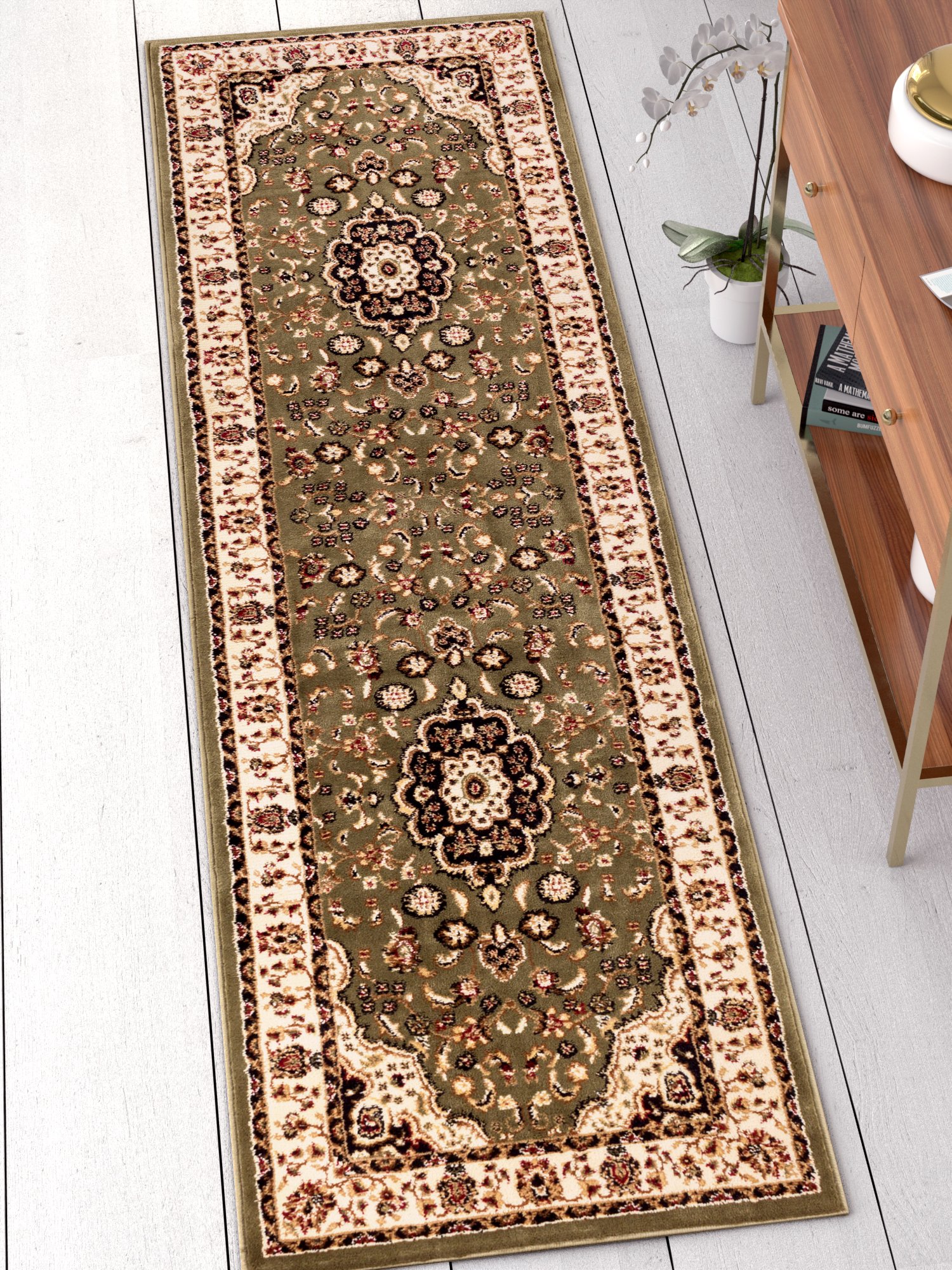 Well Woven Barclay Collection Medallion Kashan Green 2x7 Runner Rug - for Hallways, Kitchens, and Entryways
