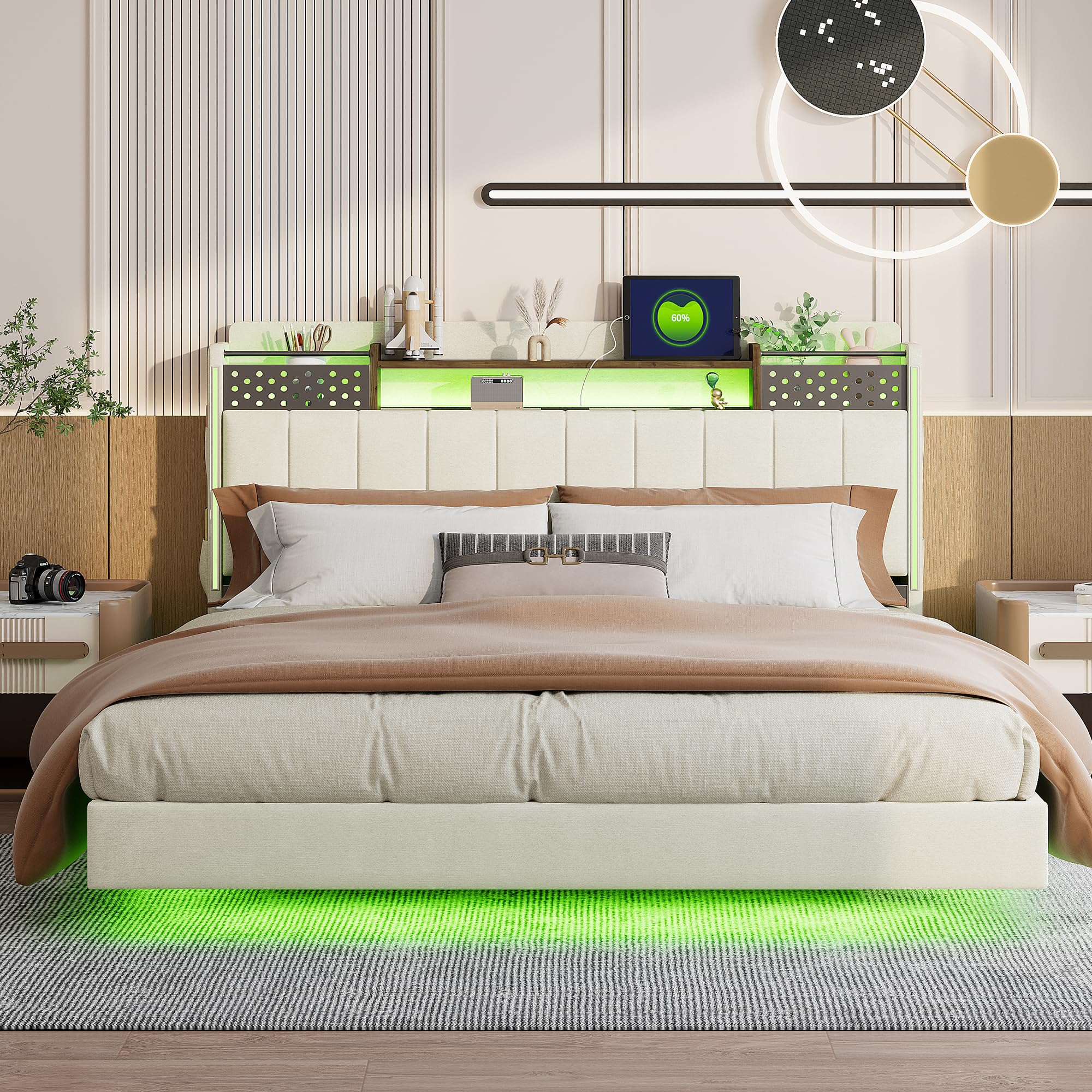 Letto matrimoniale imbottito 160x200 con testata a LED e caricatore USB C, letto idraulico, beige (senza materasso) | Leroy Merlin
