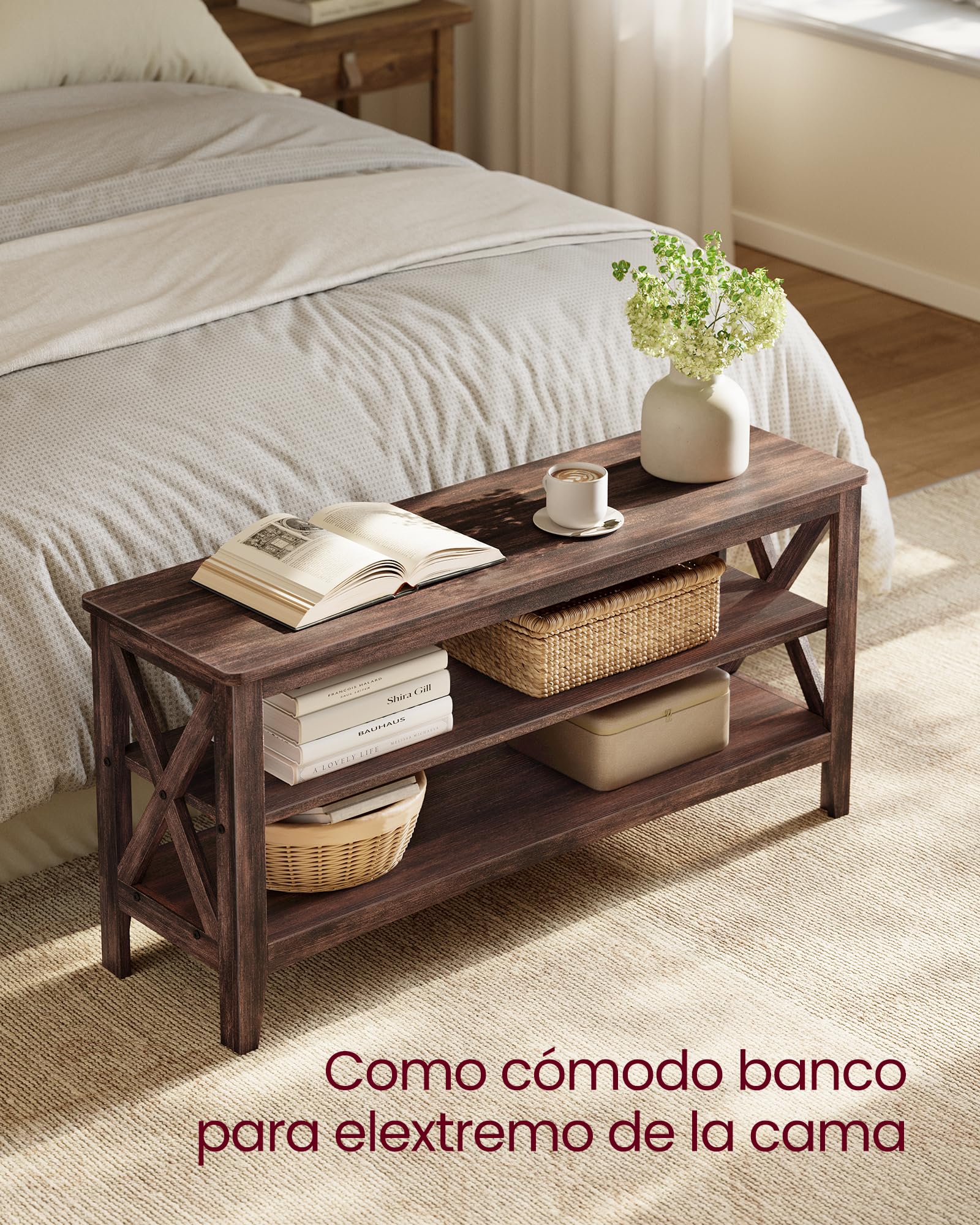Vasagle Zapatos, Banco para Pasillo, Zapatero de 2 Niveles, 30 x 100 x 48 cm, Soporta hasta 272 kg, Estilo Rural, para Salón, Dormitorio, Granate LSB153K51, Marrón Miel, 30 x 100 x 48cm