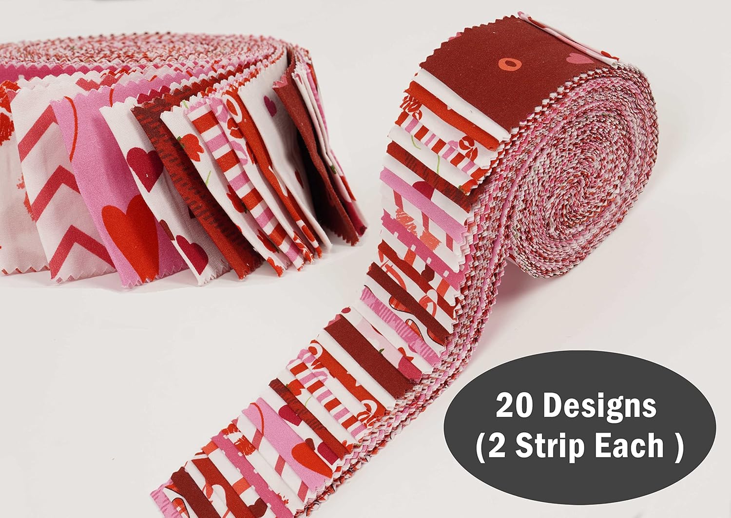Soimoi 40Pcs Valentine Print Cotton Precut Fabrics for Quilting Craft Strips 2.5x42 inches Jelly Roll - Pink-White & Red