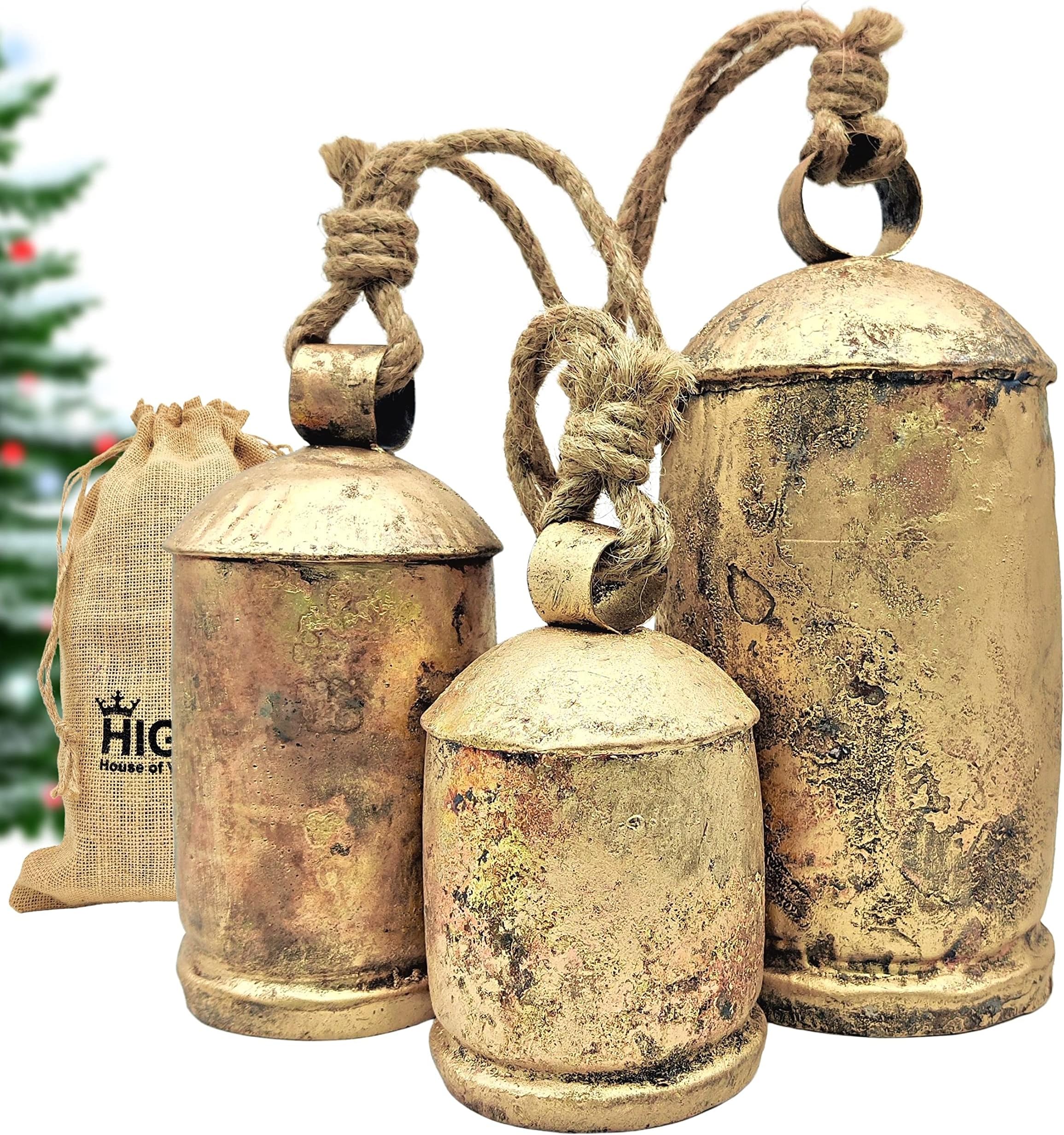 HIGHBIX Set of 3 Giant Harmony Cow Bells Huge Vintage Shabby Chic Handmade Rustic Lucky Christmas Hanging XL Bells On Rope Country Rustic (Extra Large)