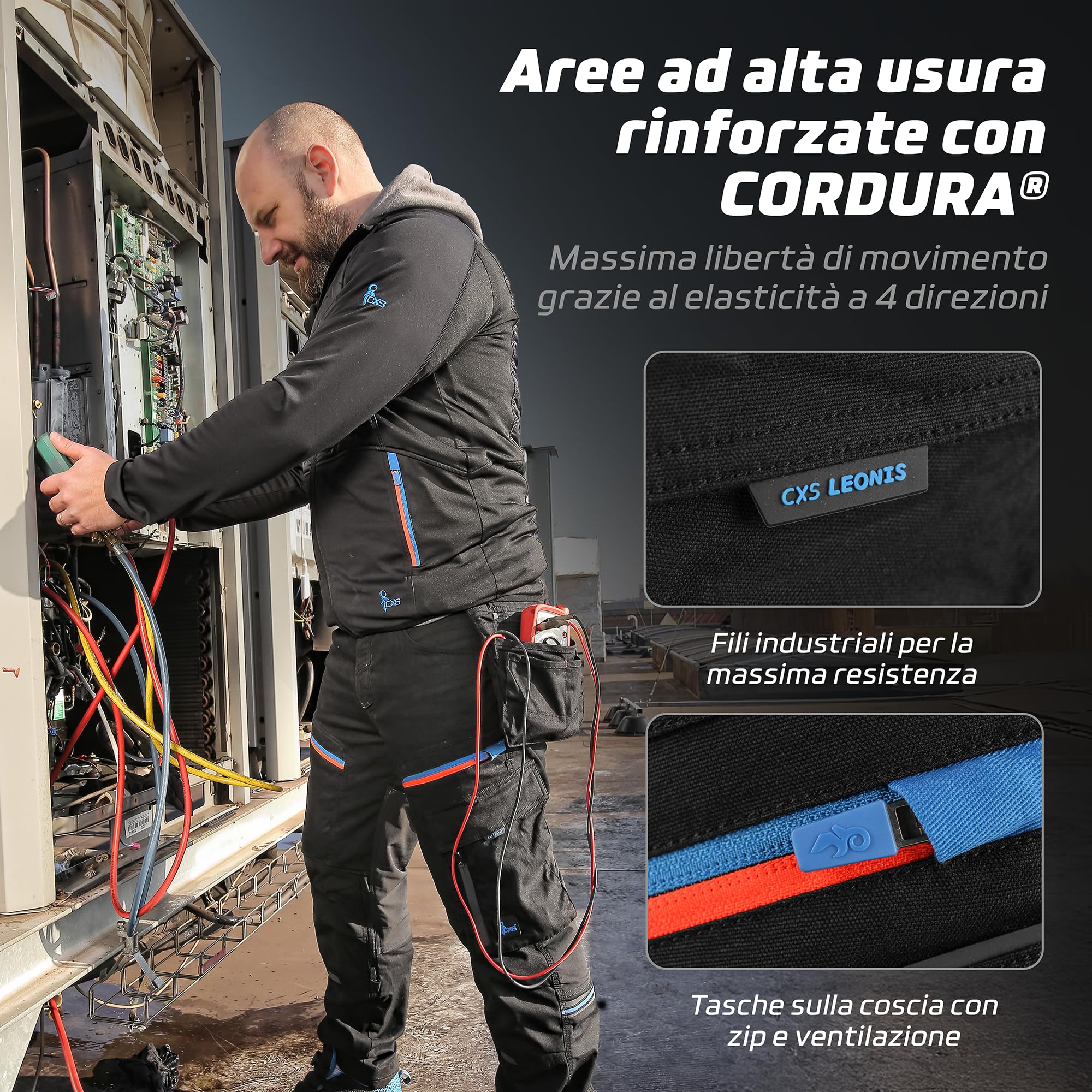 CXS® Pantaloni da Lavoro da Uomo in Cordura® Elasticizzati - Abbigliamento da Lavoro Resistente Stile Cargo con Tasche Laterali e Porta Ginocchiere, Ideali per Cantiere, Officina e lavori tecnic