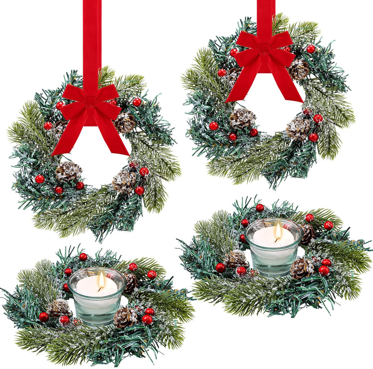 Jexine 4 Pieces Mini Christmas Wreaths for Kitchen Cabinet Small Christmas Candle Rings Wreaths Pillars Candle Rings Table Centerpieces Hanging Garlands for Front Door Window Decor (No Red Ribbon)