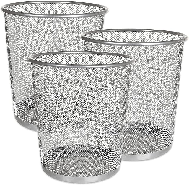 SENENQU 3pcs Mesh Waste Paper Bins, Metal Mesh Bedroom Bins, Silver Small Bins Rubbish Bins for Kitchen Bathroom Office Lounge 12 Litres