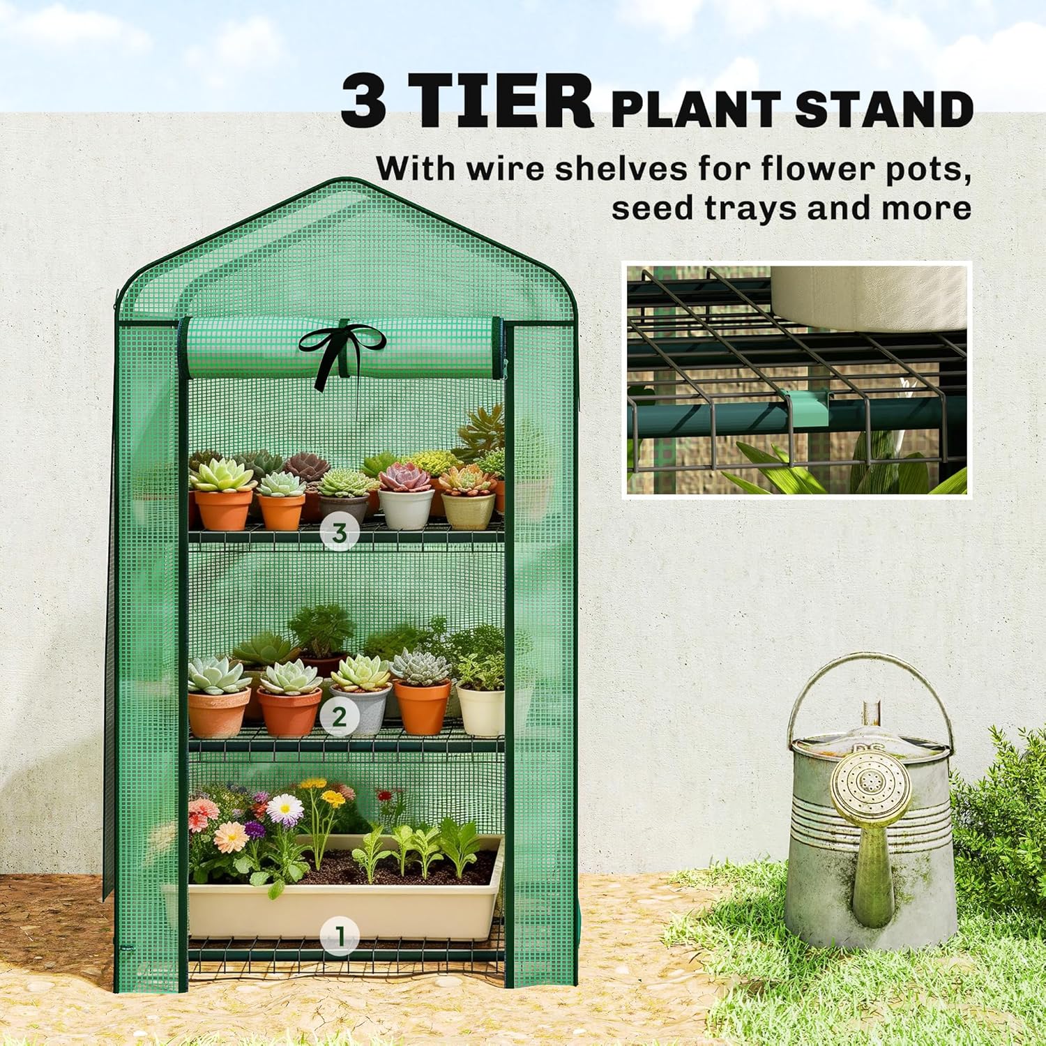 Outsunny 3 Tier Mini Greenhouse with Screen Roof, 27.6" x 19.7" x 50", Portable Small Greenhouse with High Strength PE Cover, Roll-Up Zipper Door for Garden Yard Backyard, Green