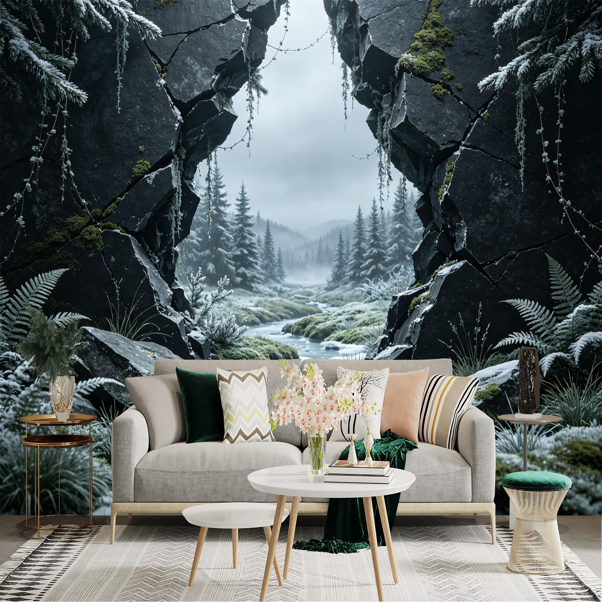 Custom Size Wall Sticker Mural， Frosty Forest River， Snowy Rocks and Winter Landscape， for wall Decoration， peelandstick wall Decals.