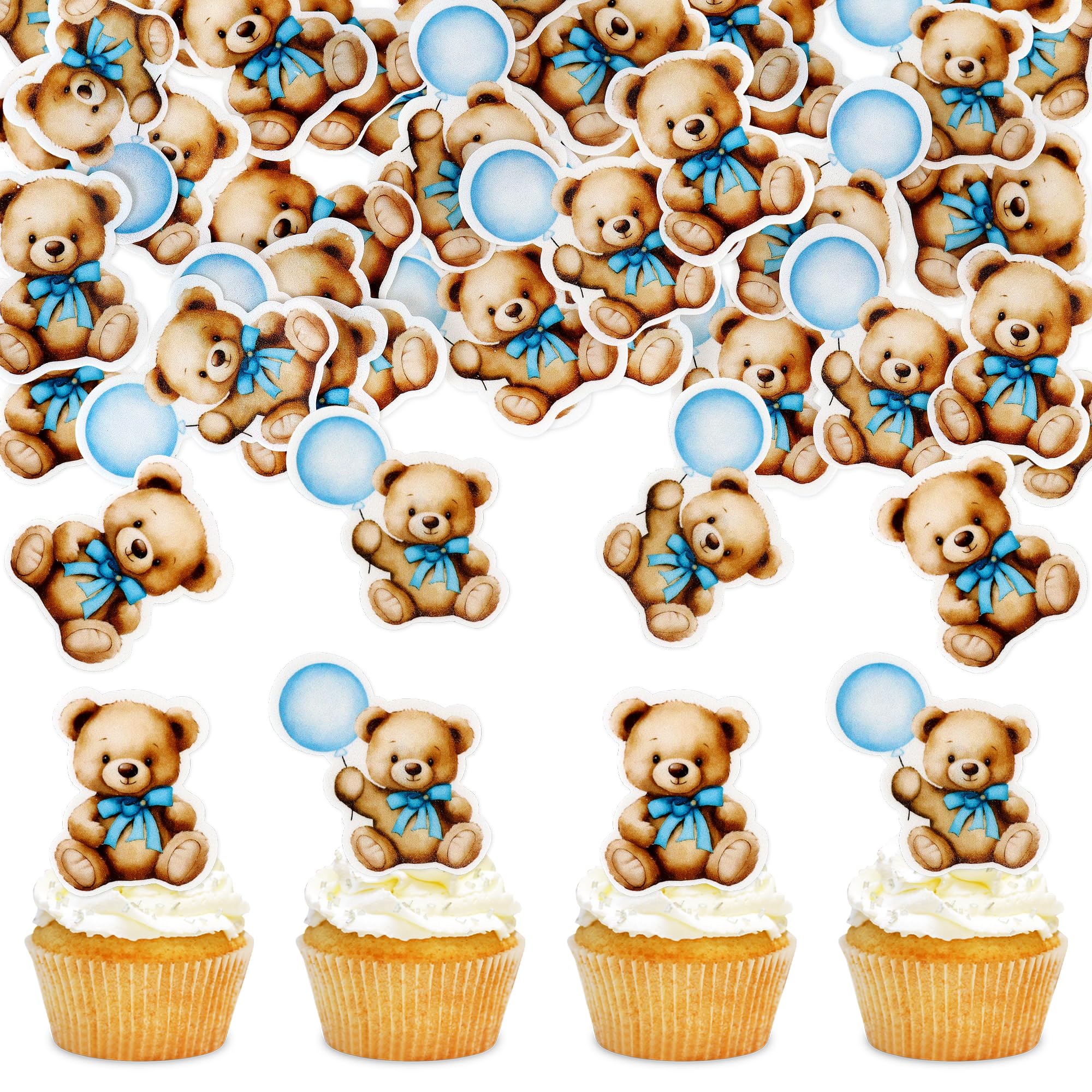 40 PCS Edible Wafer Paper Baby Shower Bear Cupcake Toppers Drink Topper Selection Baby Bear Theme Baby Shower Decorative Supplies Jungle Animal Theme Birthday Party Cake Decorative Supplies Blue