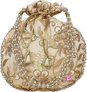 Indian Ethnic Potli bag Ladies Handbag Embroidered Floral Bag for Bridal Batwa Wedding Jewelry Gifts Pearls Handle Clutch Drawstring Purse for Women (White)