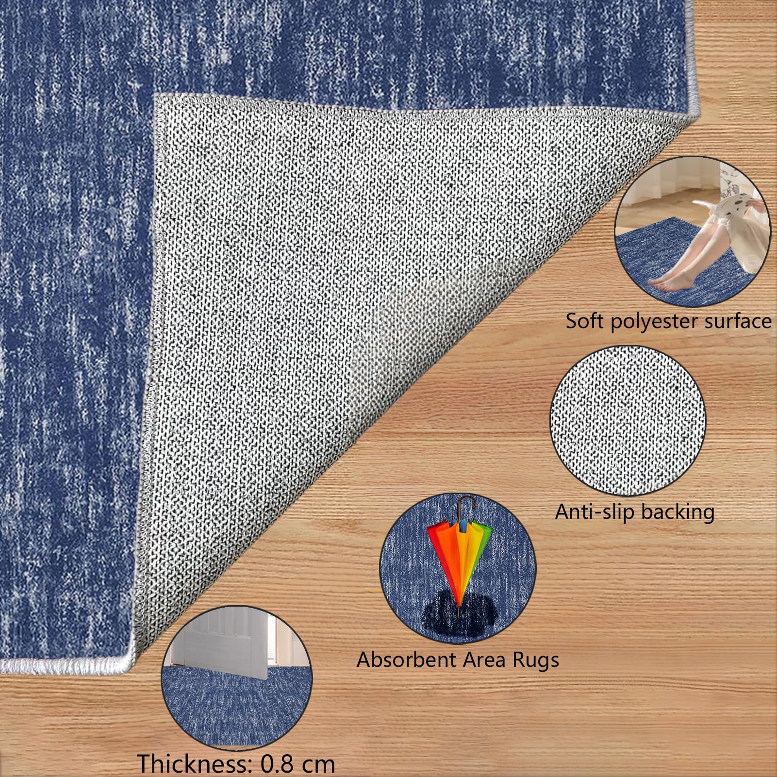 Dywan, bieżnik na korytarz, długi, antypoślizgowy, z krótkim włosiem, nadaje się do prania, chodnik kuchenny 80 x 380 cm, niebieski, dywanik do kuchni, dywanik nocny, do korytarza, sypialni, salonu