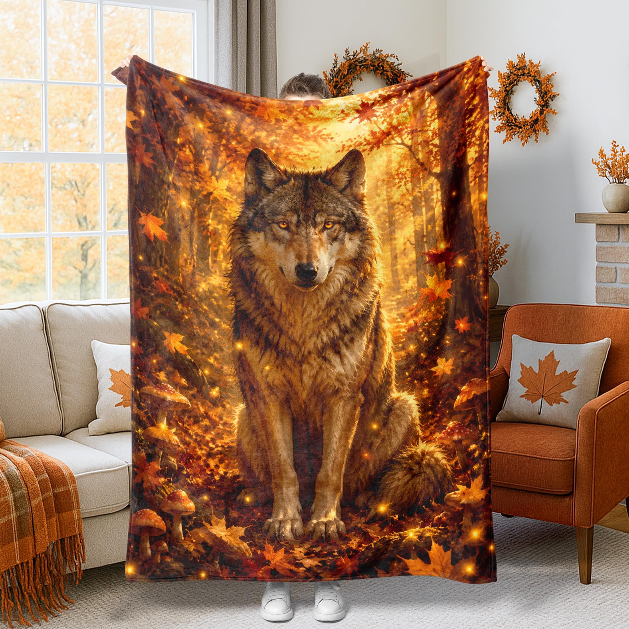 Couverture en polaire haut de gamme motif loup et nature d'automne