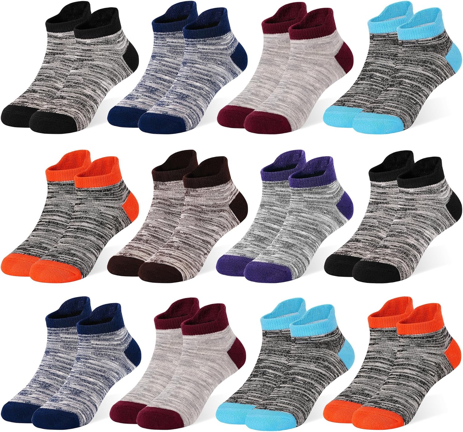 Boys Socks Kids Ankle Cotton Athletic Low Cut Half Cushioned Socks Heel Tab 1-14 Years, 12 Pairs