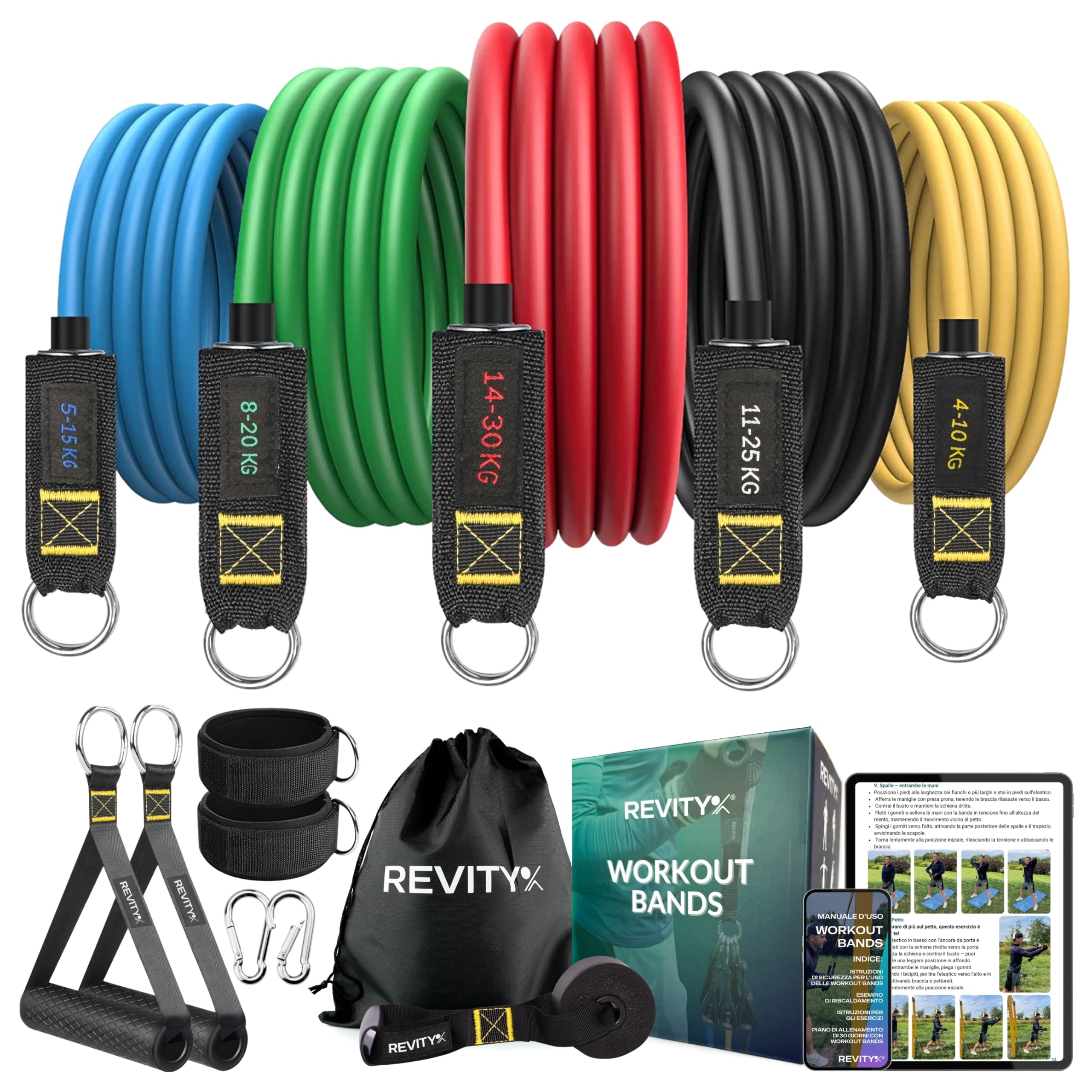 Elastique Musculation Kit 5 Pièces - Bande de Resistance avec Poignées pour Entraînement de Musculation et Fitness à la Maison – Plan PDF 30 Jours - Elastique Sport Latex Naturel Durable