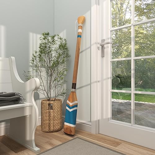 Vista 52 de Deco 79 Decoración de pared con remo de madera para el hogar, letrero de playa con detalles azules y detalle de cuerda, arte de pared de 6 x 2 x 47