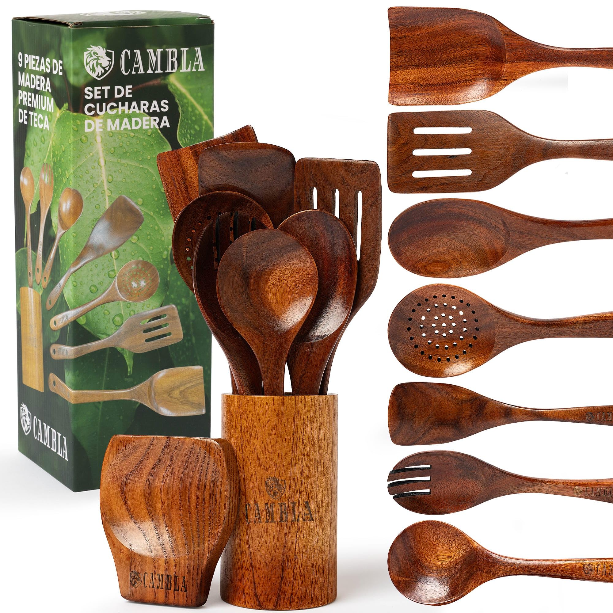 Utensilios de Cocina Madera - 9 pzas - Madera de Teca - Antiarañazos - Set de Espatulas y Cucharones de Cocina - Agarre Comodo para sartenes Antiadherentes - CAMBLA