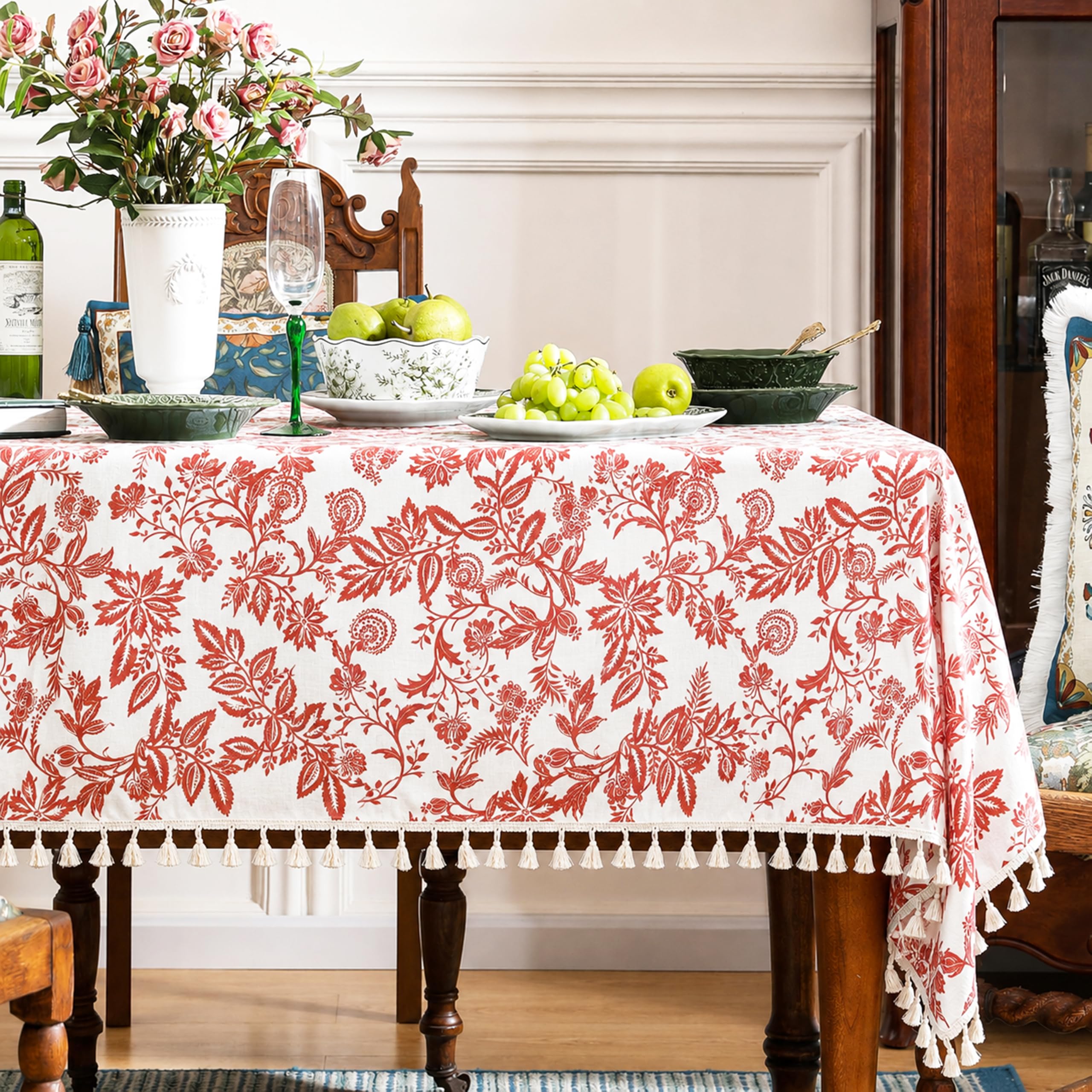 Printed Cotton Tablecloth with Tassel|60 x 90 Inch Rectangle – Washable 6 Seater Table Cover for Dining Room, Home, Party & Wedding Décor - Vintage Floral Rusty Red-image-41