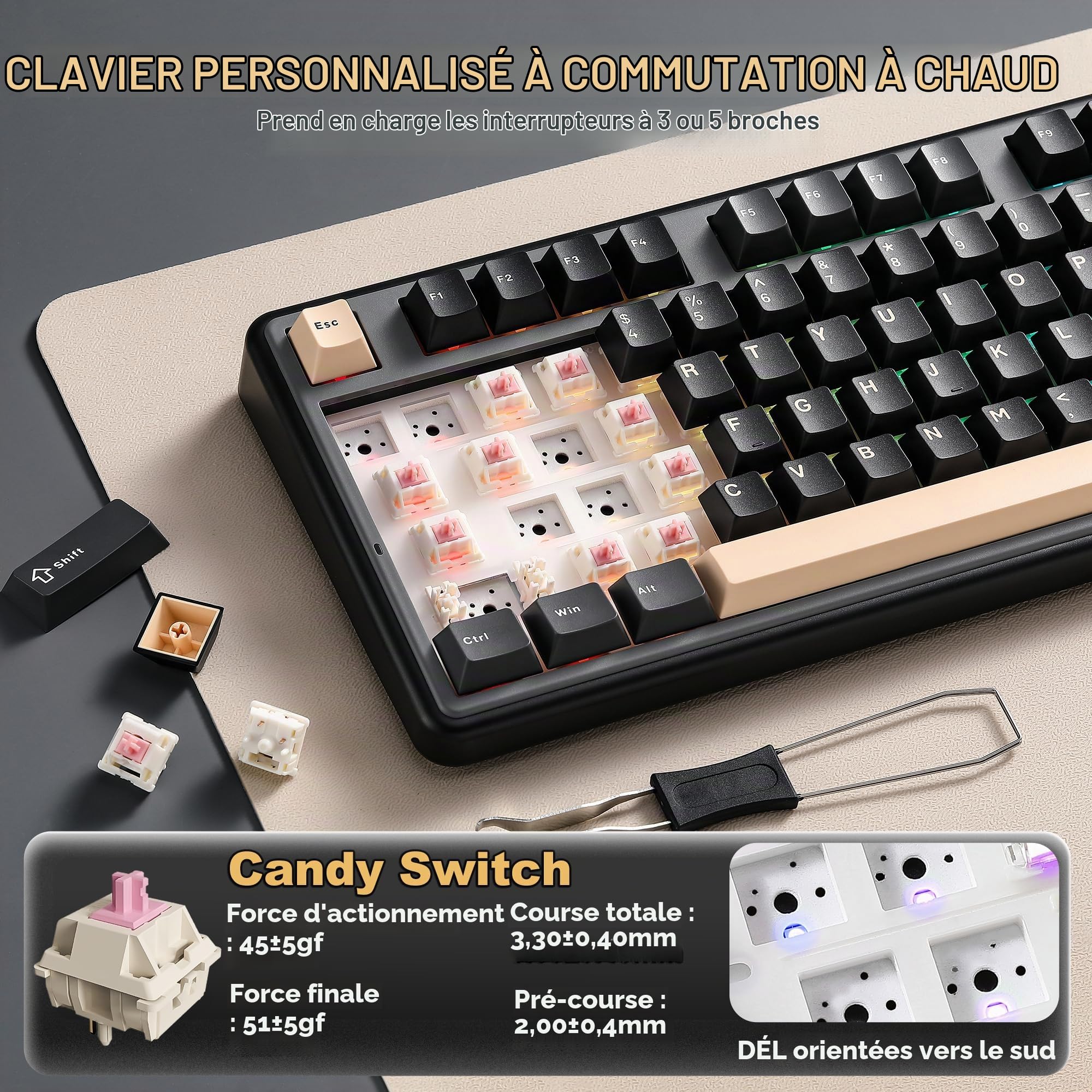 YUNZII B98 Pro Clavier Mécanique Gaming sans Fil (Noir, Candy) | 96% avec Pavé Numérique et Molette Chat, Bluetooth 5.0/2.4G/USB-C, Gasket, Hot-Swap, RGB, QWERTY, pour Win/Mac