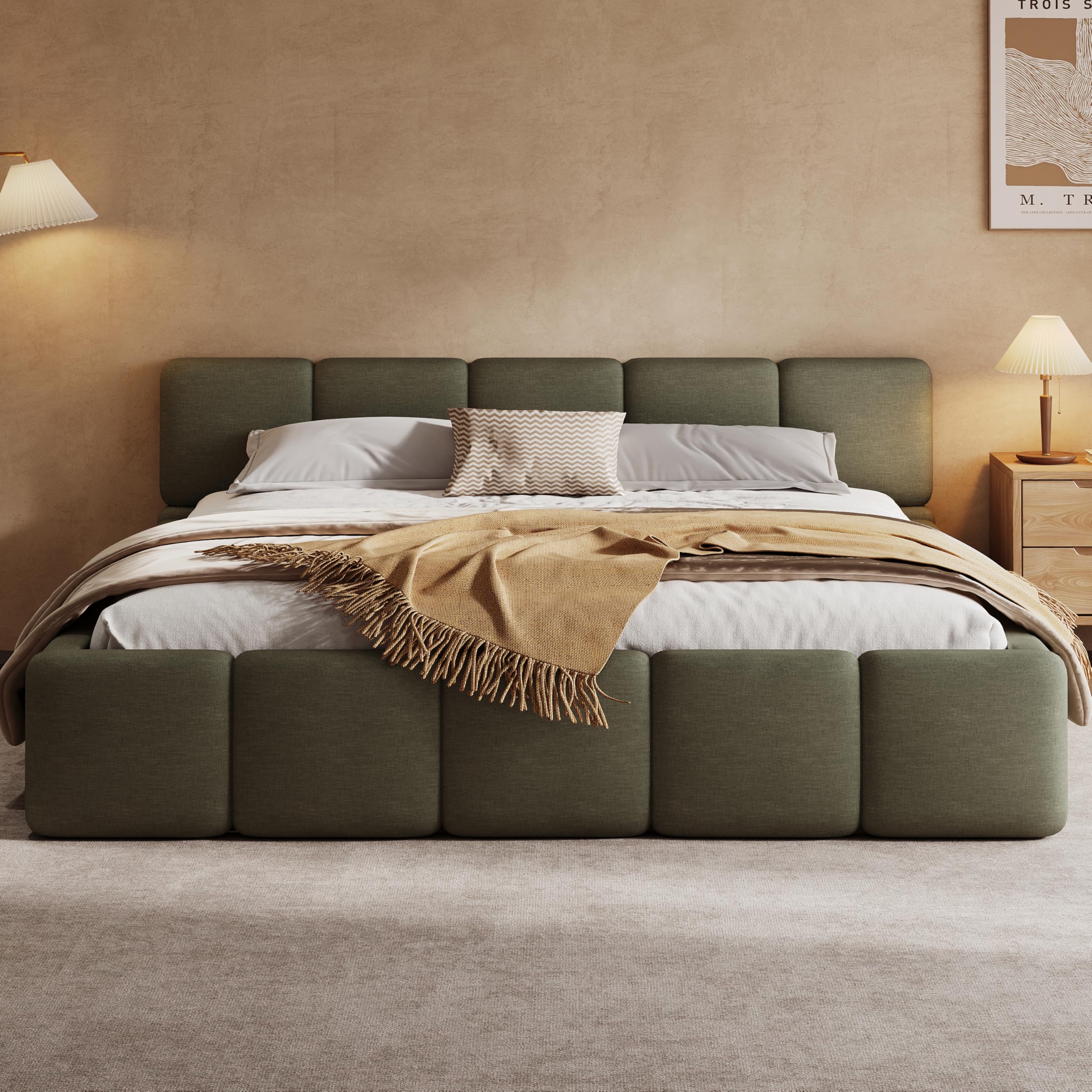 Christopher Knight Home Hazel King Size Platform Bed, Linen Thick Headboard and Footboard, Upholstery Grounded Beds, Block Style, Wood Slat Panel