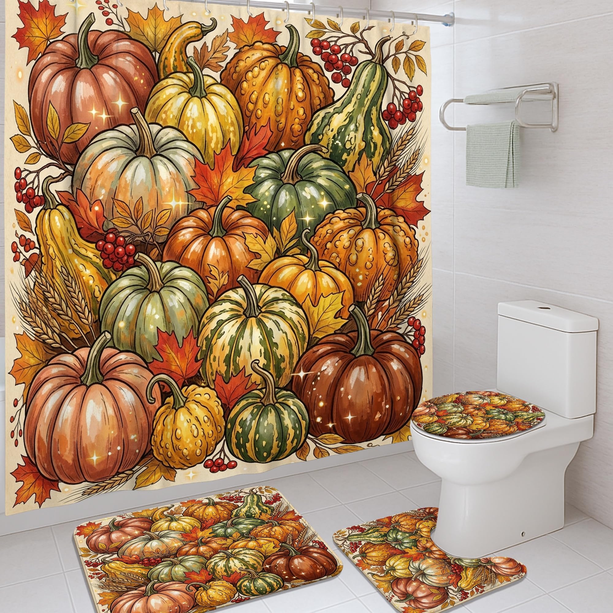 Rideau de douche citrouille rustique en toile pour salle de bain d'amis
