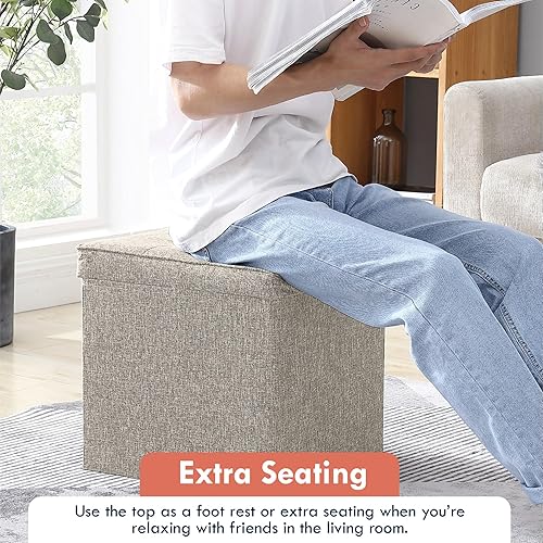 Miniatura 4 de Ornavo Home Taburete otomano plegable de almacenamiento de lino copetudo, con cubo, reposapiés cuadrado con tapa de mesa, mesa auxiliar, 15 x 15 x