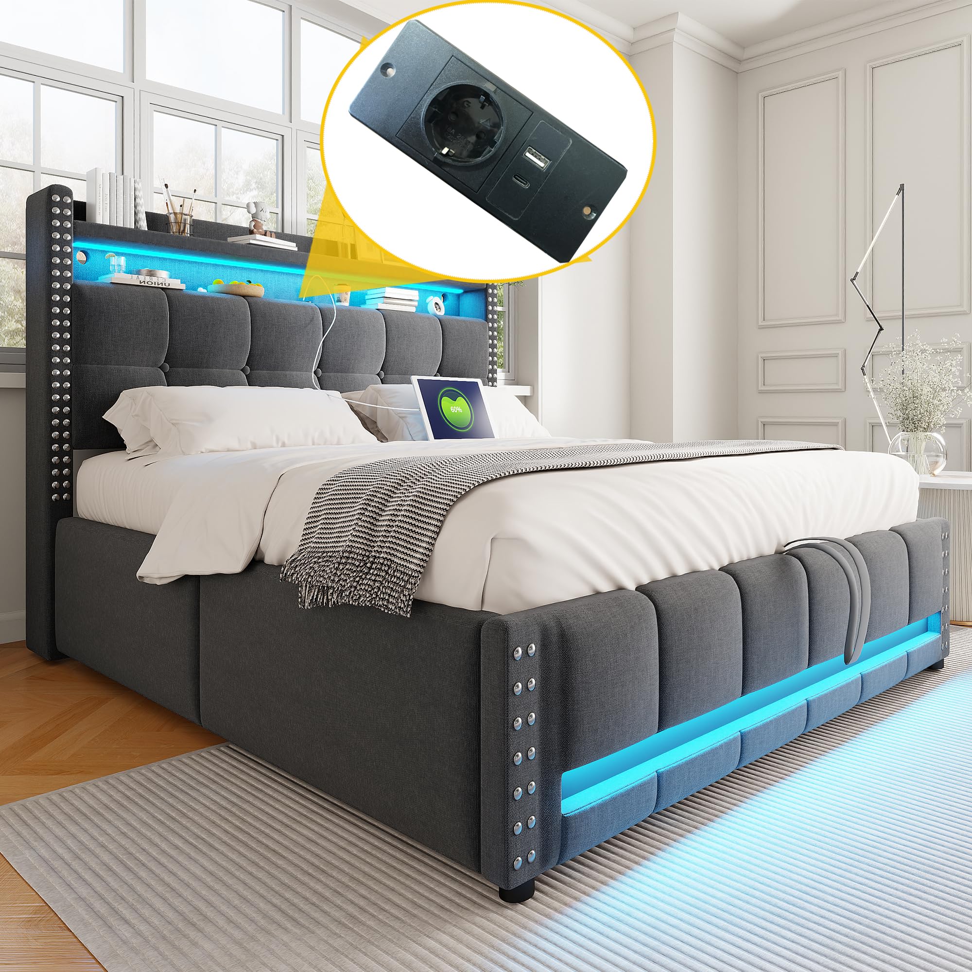 Łóżko tapicerowane z oświetleniem LED i gniazdem USB Podwójne łóżko Zagłówek z półkami Hydrauliczne łóżka do przechowywania Pudełko Pościel Pościel Łóżko dla gości Bez materaca Szary 140x200 cm