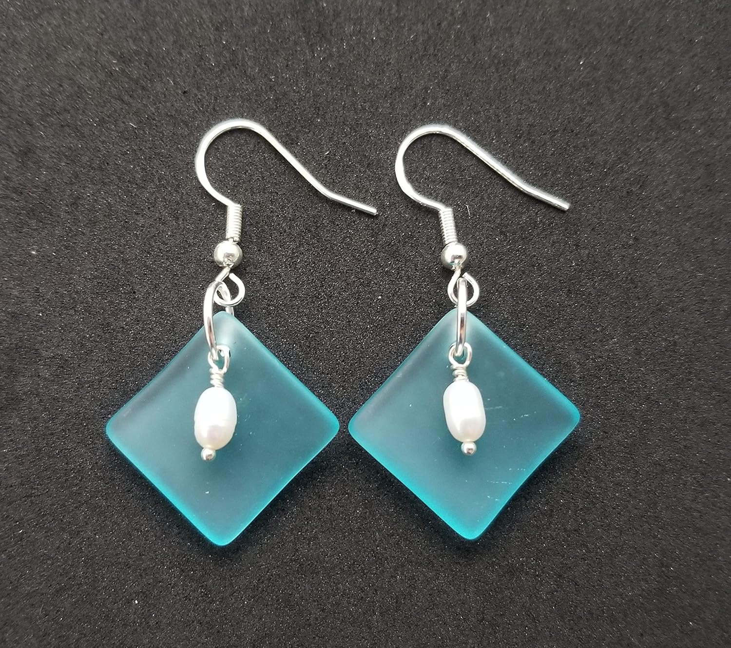 YInahawaii Handmade Natural Rice pearls with Curved Turquoise Bay Blue sea glass earrings, "December Birthstone ", (Hawaii Gift Wrapped, Customizable Gift Message)