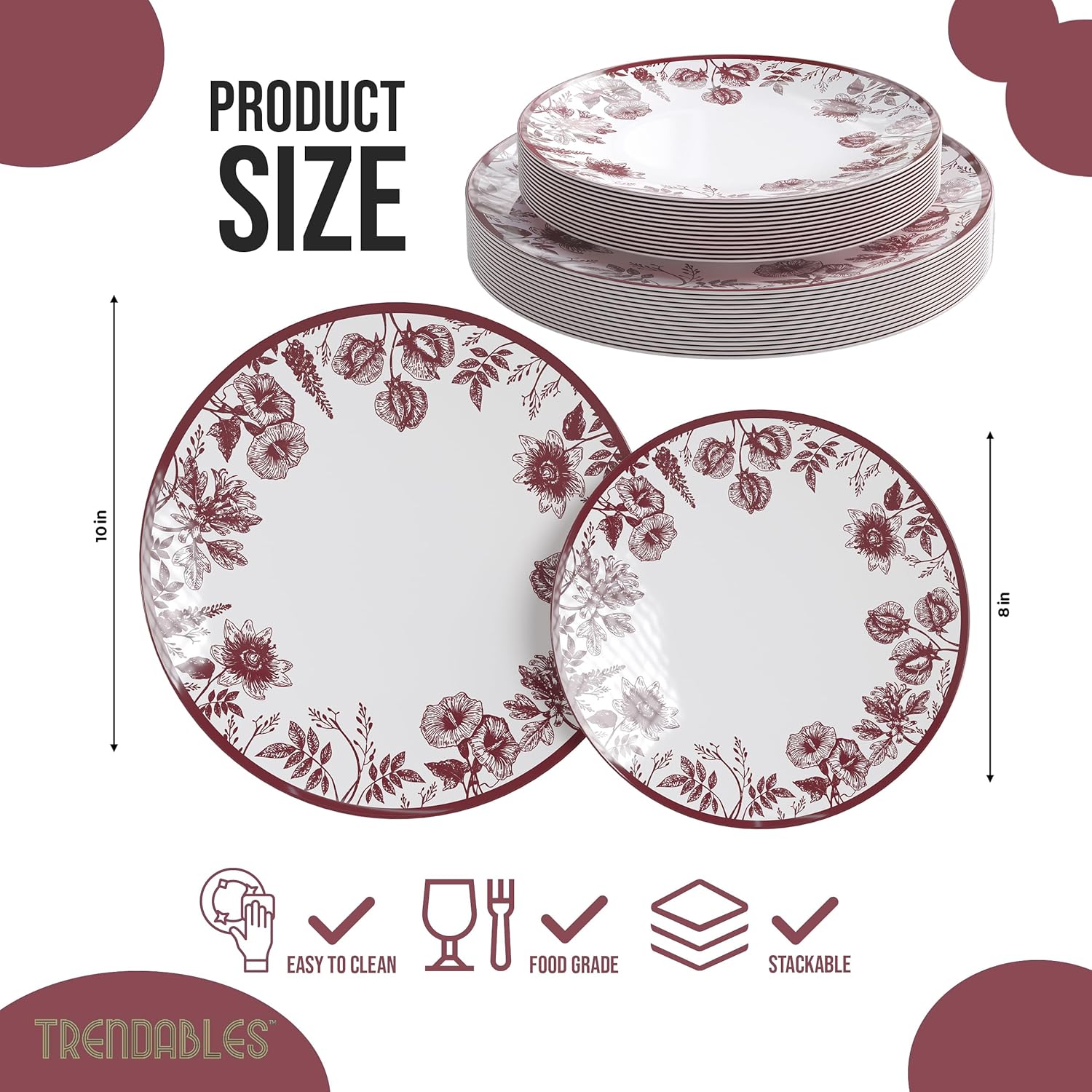 Trendables Disposable Plates For Party Supplies | Burgundy Floral Plastic Plates For Wedding 40 Pcs - 20 X 8 & 20 X 10 Dinner Plate Sets | Floral Plate Set Disposable Plastic Dinnerware Sets - Image 2