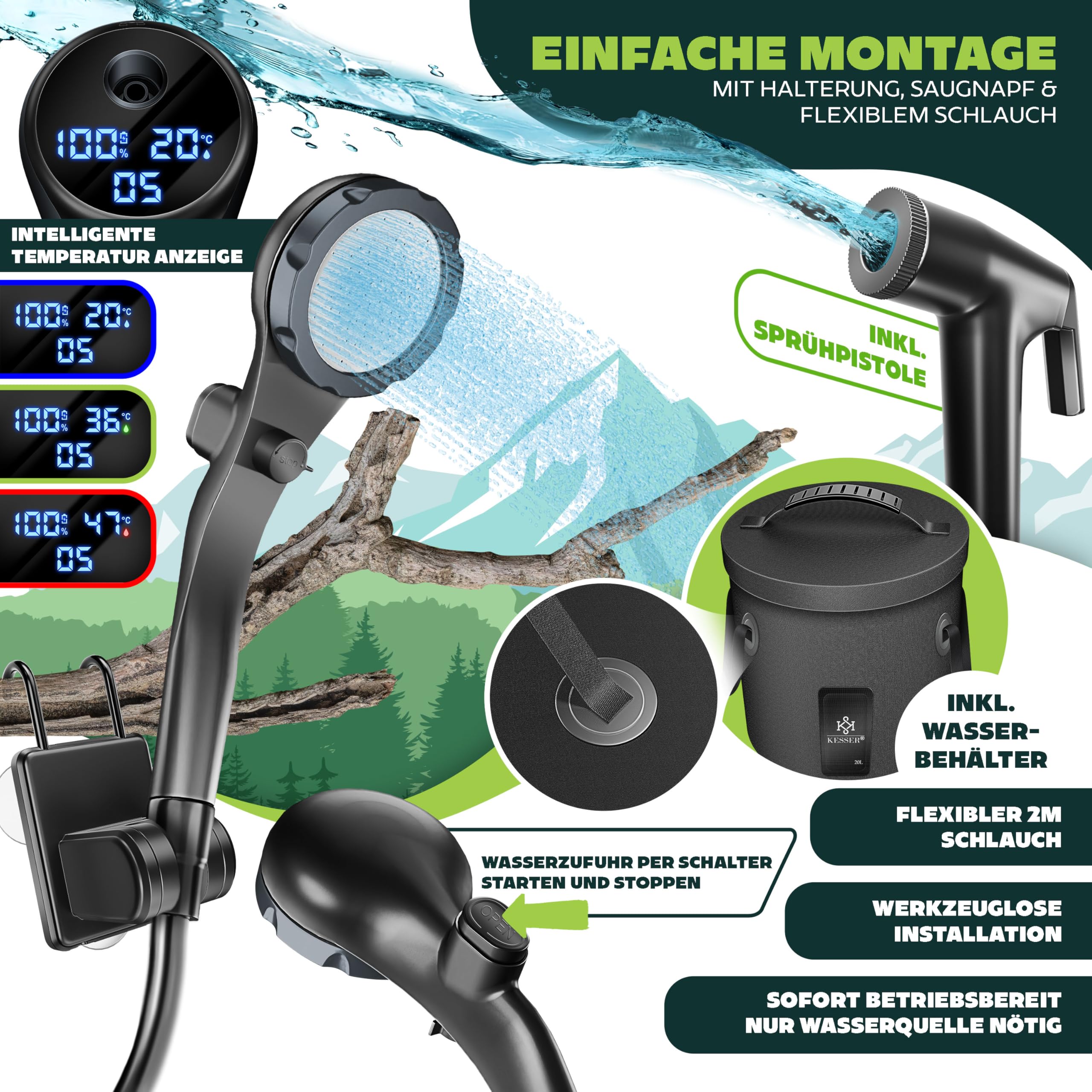 KESSER® Doccia solare da campeggio con pompa e batteria ricaricabile da 4000 mAh, set doccia da campeggio con soffione doccia regolabile, tubo da 2 m, pistola a spruzzo e supporto