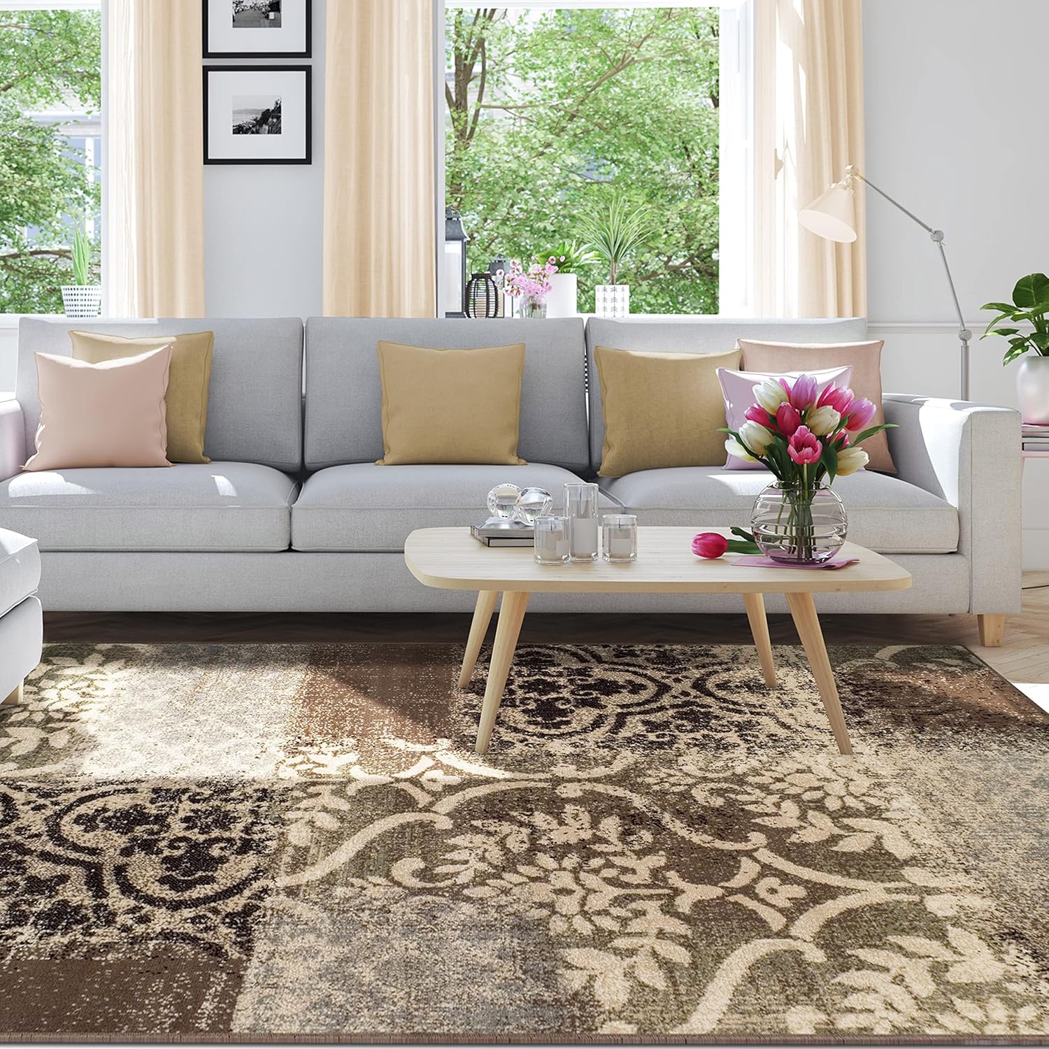 superior indoor area rug, jute backing, plush geometric rugs for entry, living room, kitchen floors, bedroom, office floor cover, floral patchwork rugs, bristol collection, 4' x 6', ivory/light blue ivory-light blue - z 4' x 6' (rectangular)