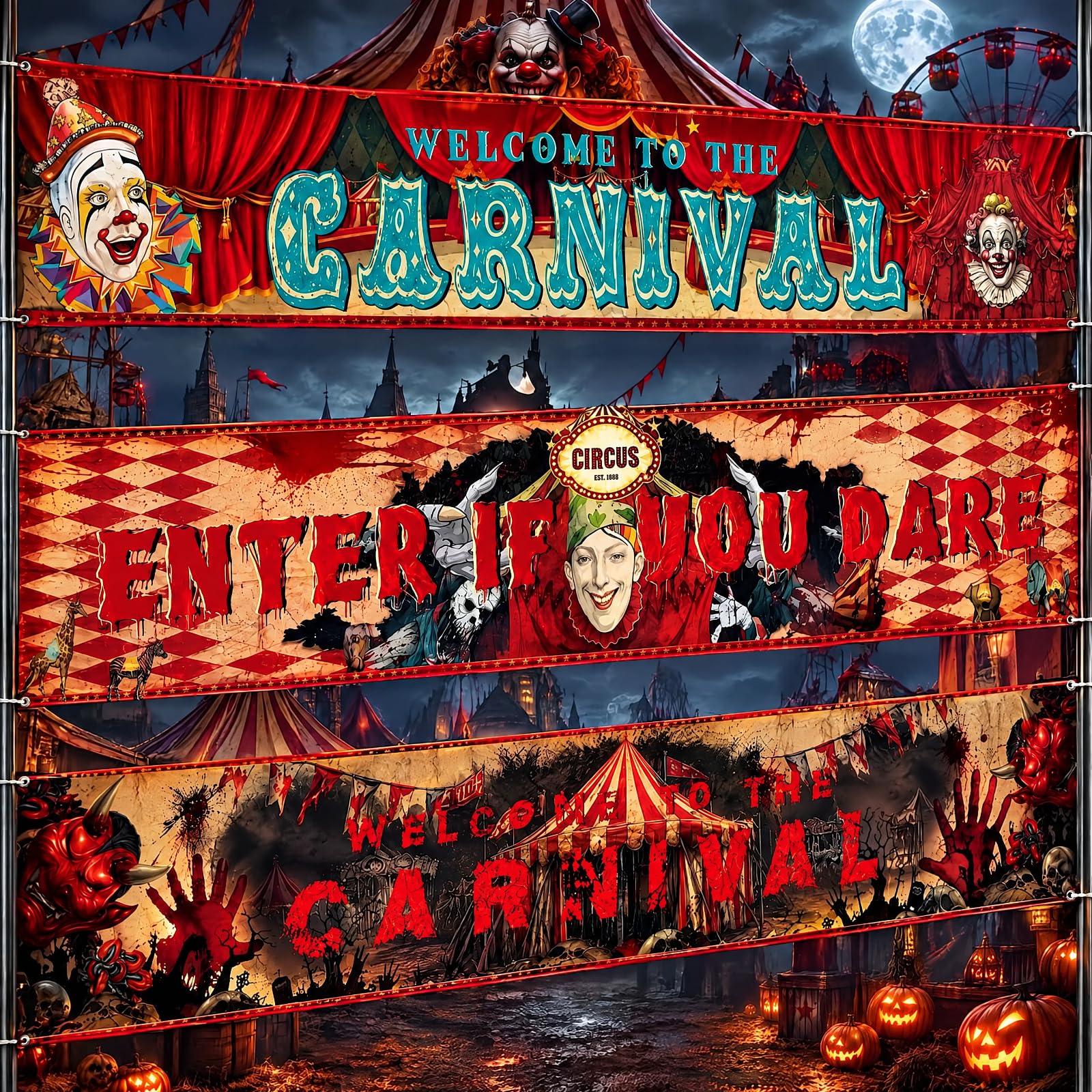 Remagr 3 Pcs Halloween Circus Backdrop Decoration, Creepy Carnival
