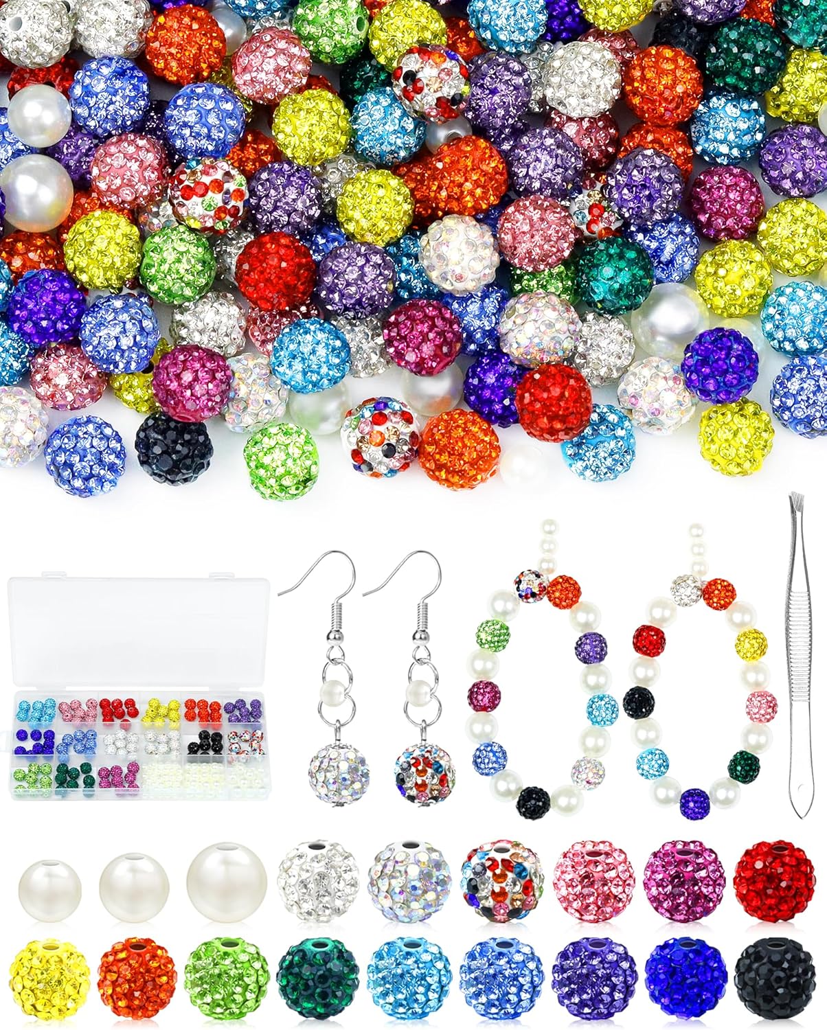 200PCS FIVEIZERO Rhinestone Beads for Jewelry Making, 15 Colors Round Sparkle Crystal Clay Bead Bulk Sparkly Baseball Necklace Beads for Bracelets and DIY Crafts