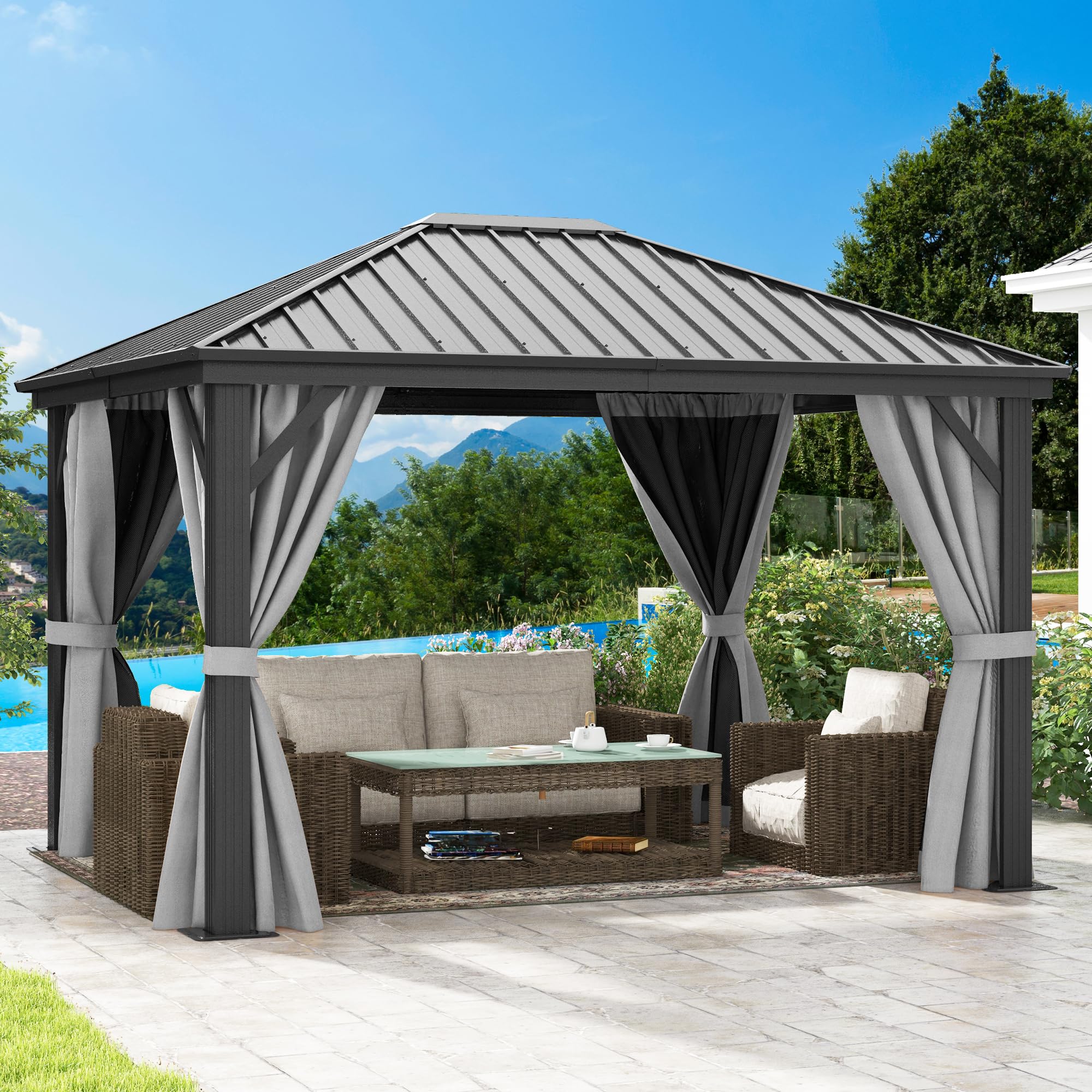 Photo 1 of DWVO 10x12ft Gazebo Hardtop Heavy Duty Canopy with Nettings and Curtains, Galvanized Steel Outdoor Vertical Stripes Roof for Patio, Backyard, Deck, Lawns, Gray (carton 1 of 2) (partial set) 