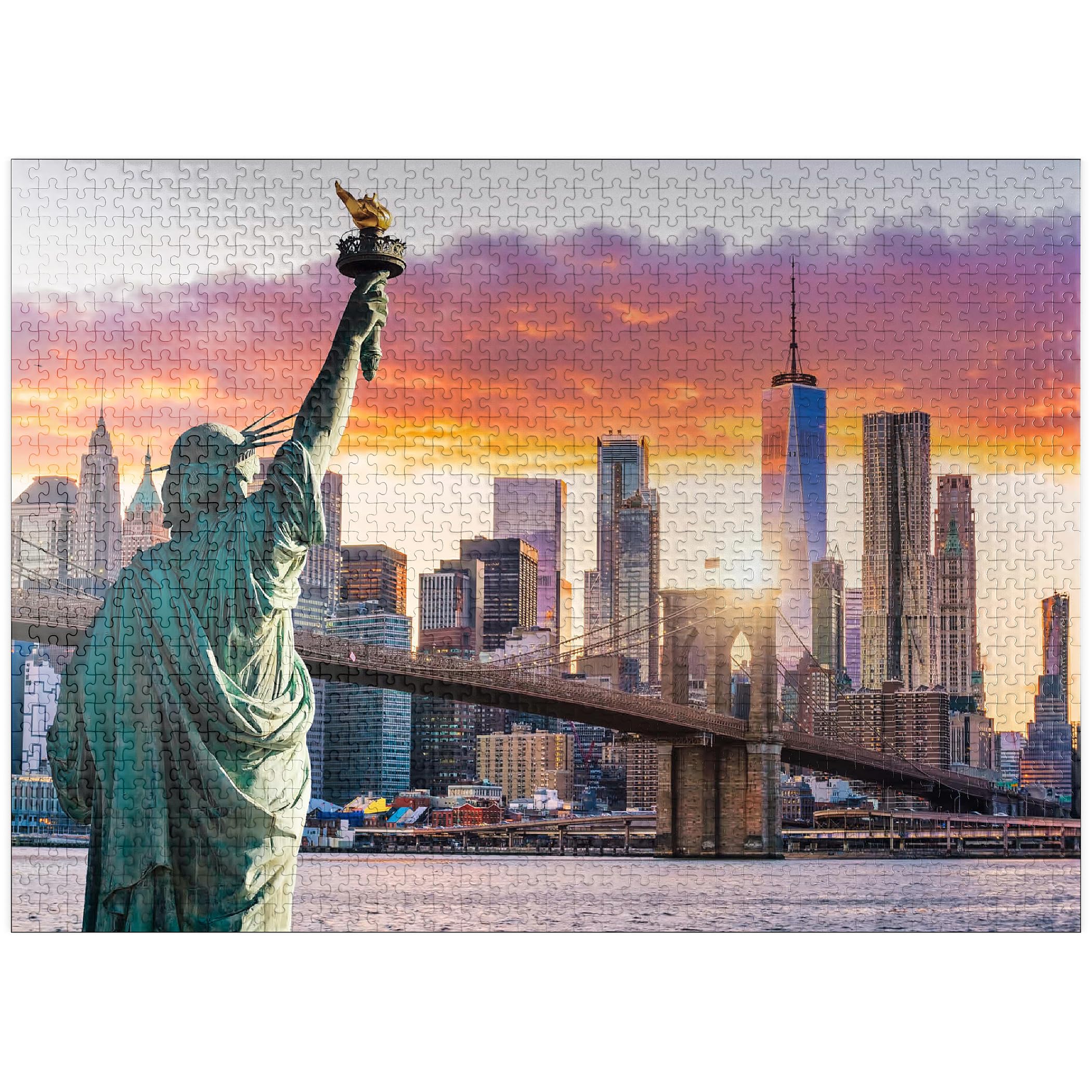 MyPuzzle Statue of Liberty and New York City Skyline at Sunset USA - Premium 1000 Piece Jigsaw Puzzle for Adults
