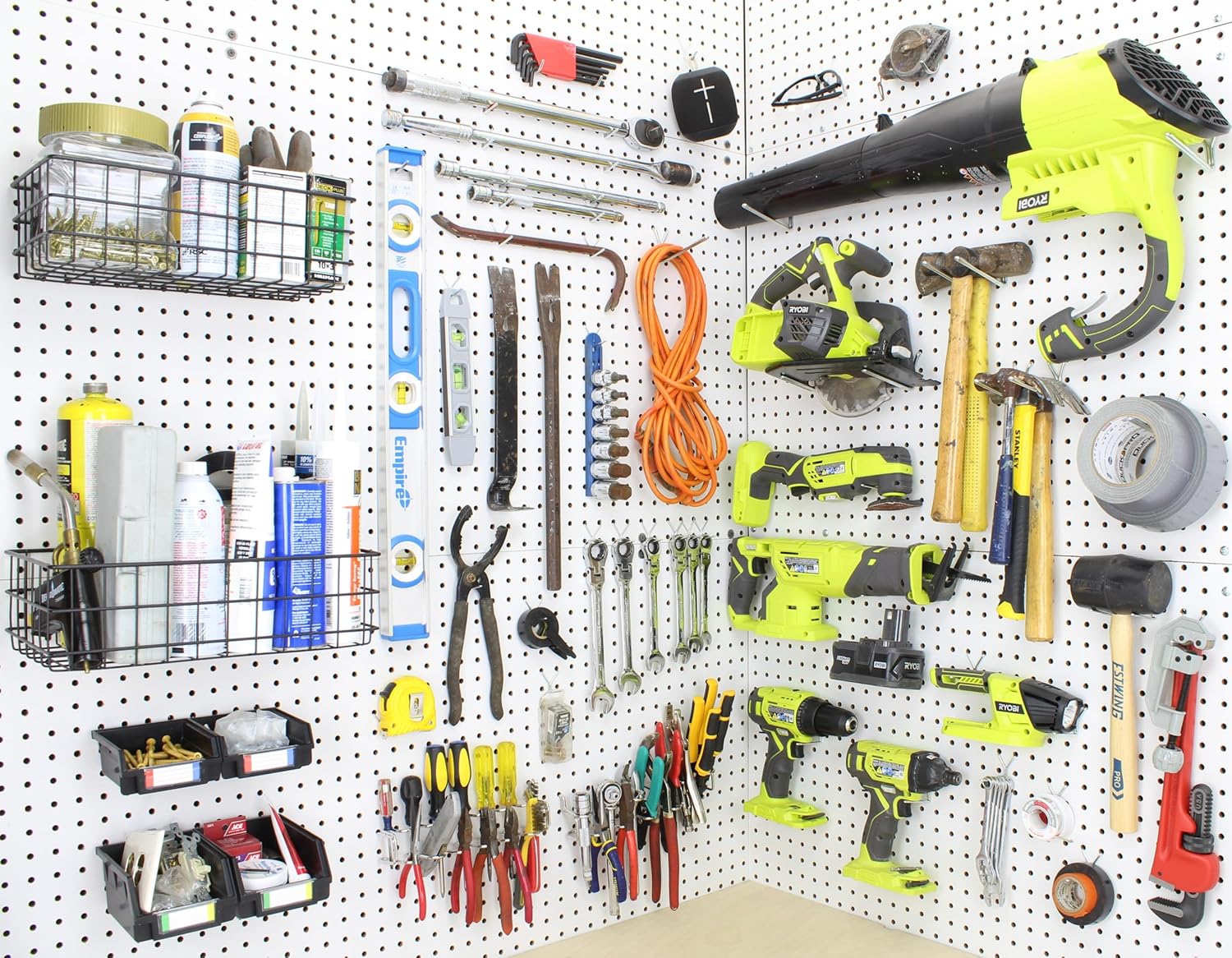 Peg Board Hooks for Hanging Tools with Bins and Baskets – Tool Organization Accessories Kit – Organizer Set of 1 inch, 2 inch, 4 inch L Hooks, J Hook, Pliers Rack, Screwdriver Holder