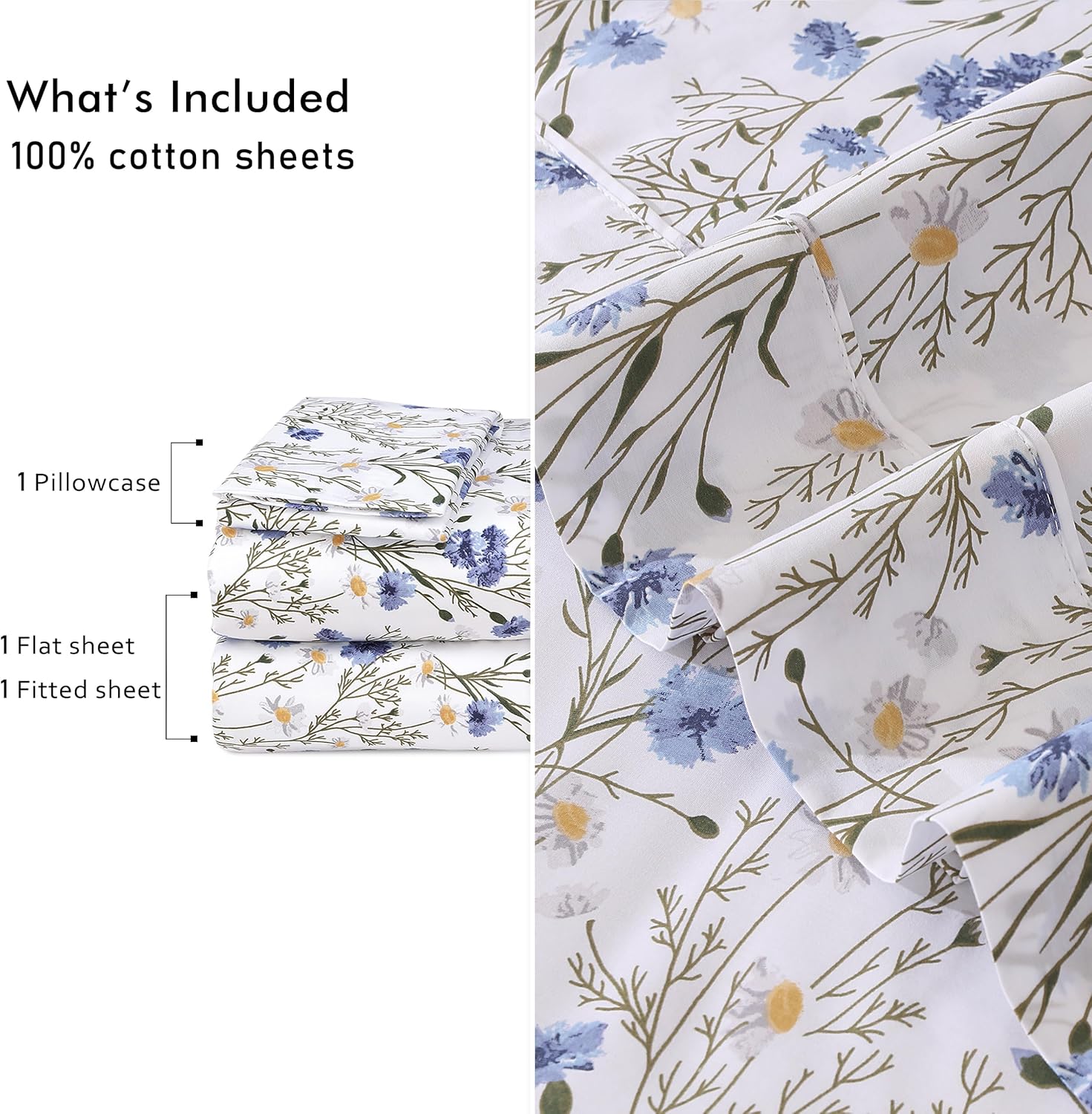RUVANTI 100% Cotton Sheets – Twin XL Size Percale Bedding, Cooling & Breathable Floral Design, Durable with a Crisp, Soft & Comfortable Feel, 16" Deep Pocket, 3-Piece Set, Sweet Pea - Image 4