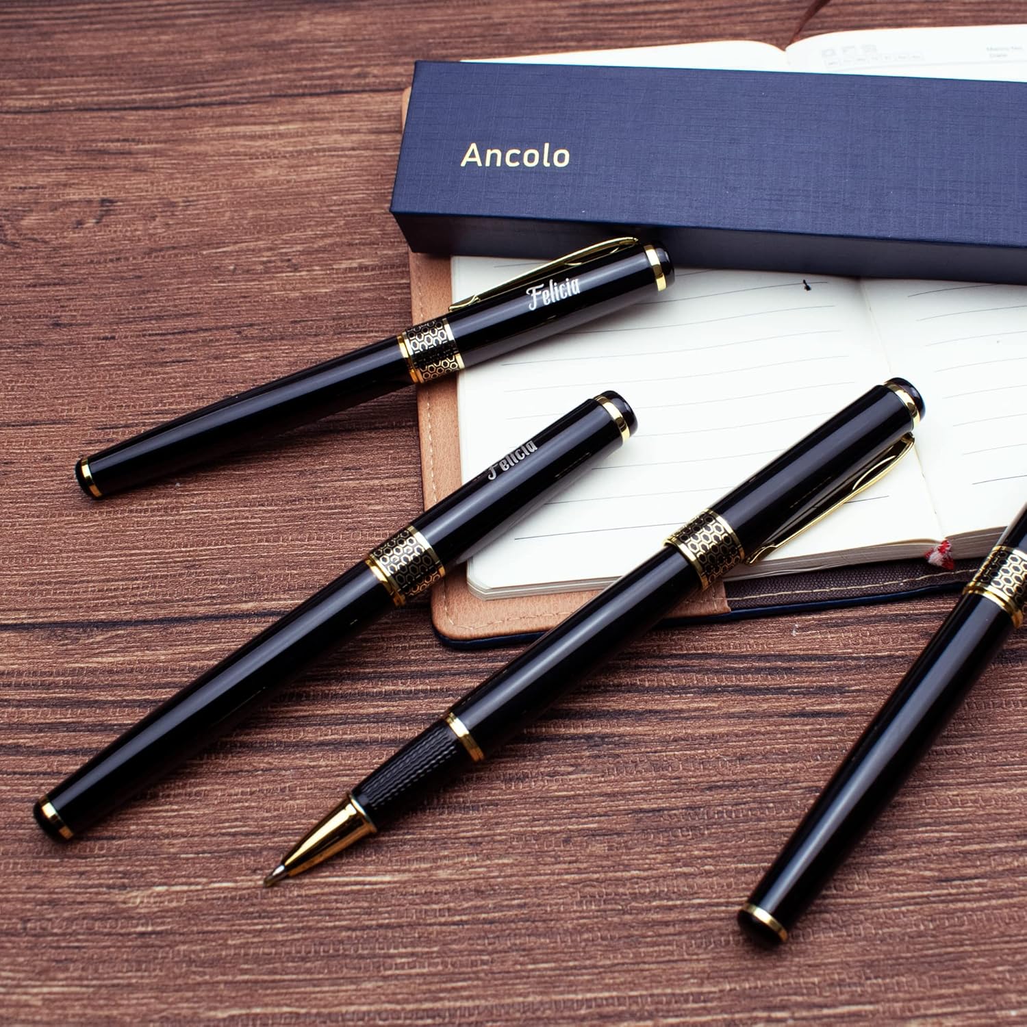 Ancolo Personalized Office Roller Pens Writing set with 10 Black Ink Refill for Left and Right Handed-Engraved with Your Message Gift for Man/Women/Writers/Collection 5 PCS/Pack
