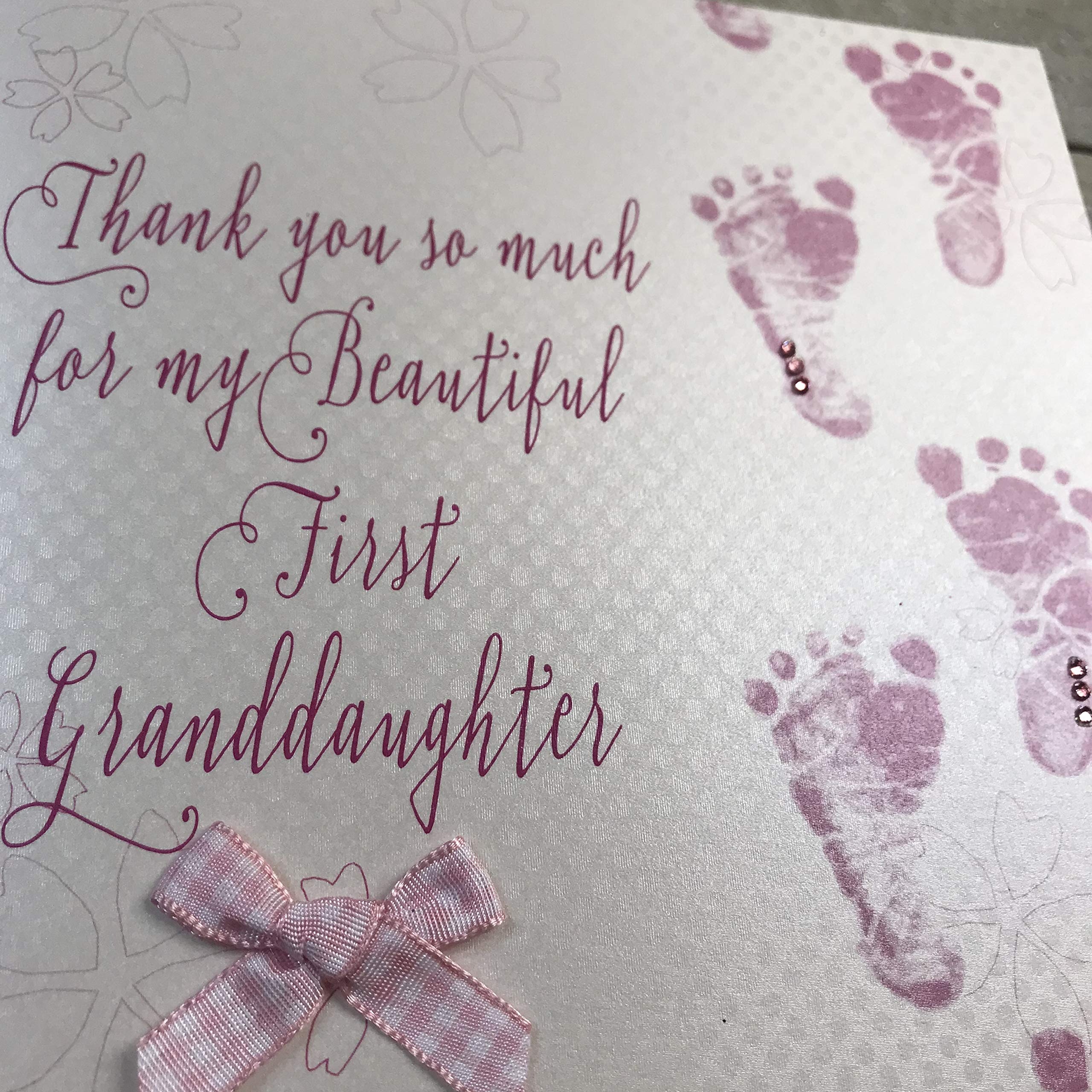WHITE COTTON CARDS Welcome to my 1st Granddaughter handmade Baby card- Pink Footprints WB301-MY, 16cm x 16cm - Image 3