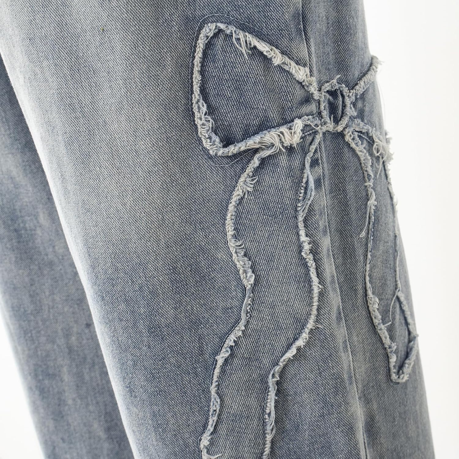 Women's High Waist Bowknot Jeans - Relaxed Straight Leg Vintage Light Wash