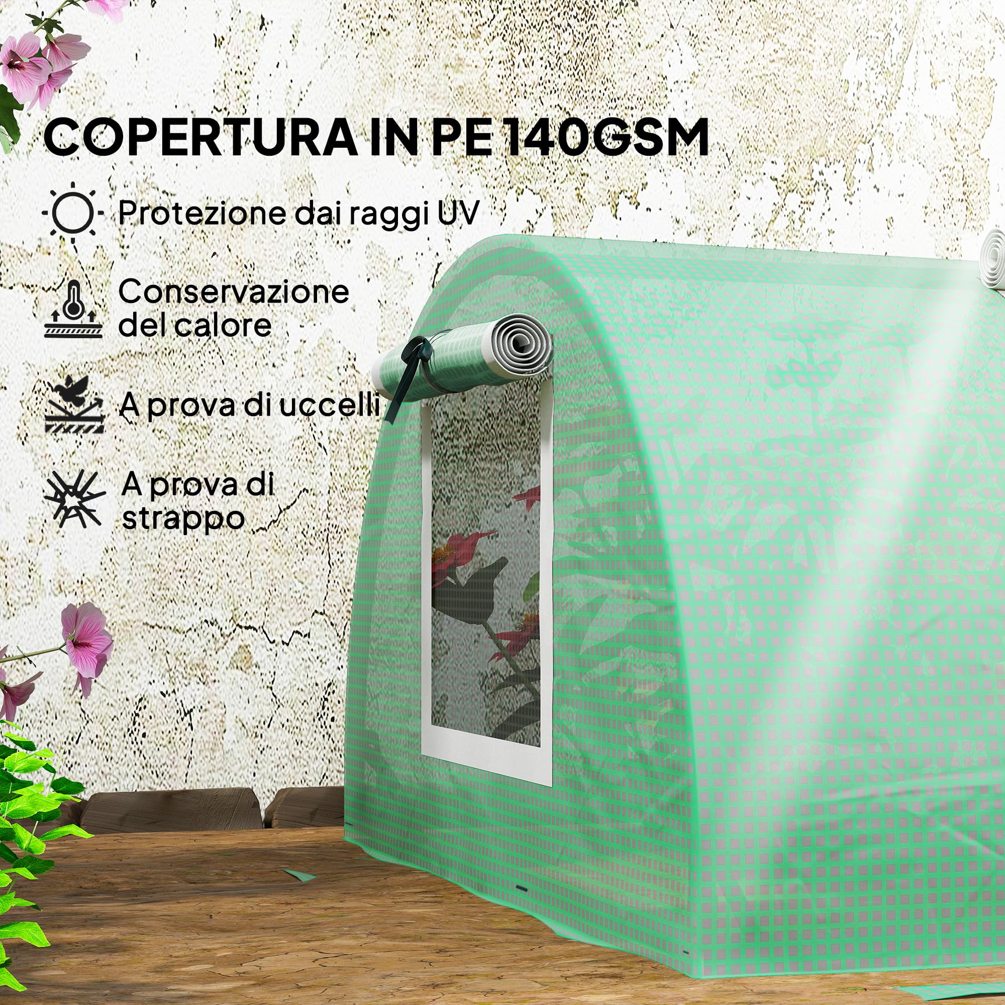 Outsunny Serra da Giardino a Tunnel con 5 Finestrelle Avvolgibili, Serra per Orto in Acciaio, PE e PP, per Piante, Verdure e Frutto, 300x80x45 cm, Verde