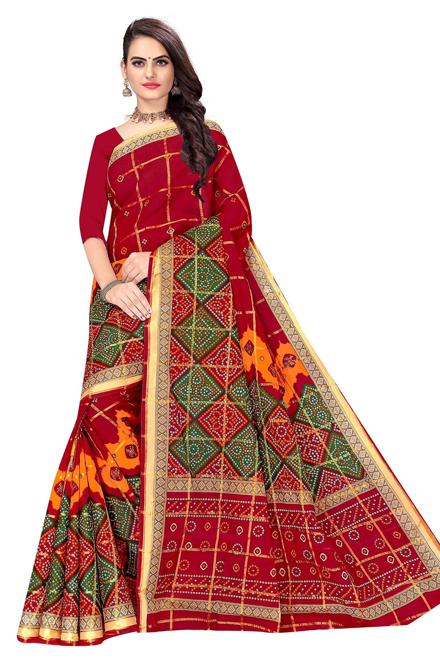 Tamaira Fashion Women's Pure Cotton Bandhani Saree Without Blouse Piece(2447_Red)