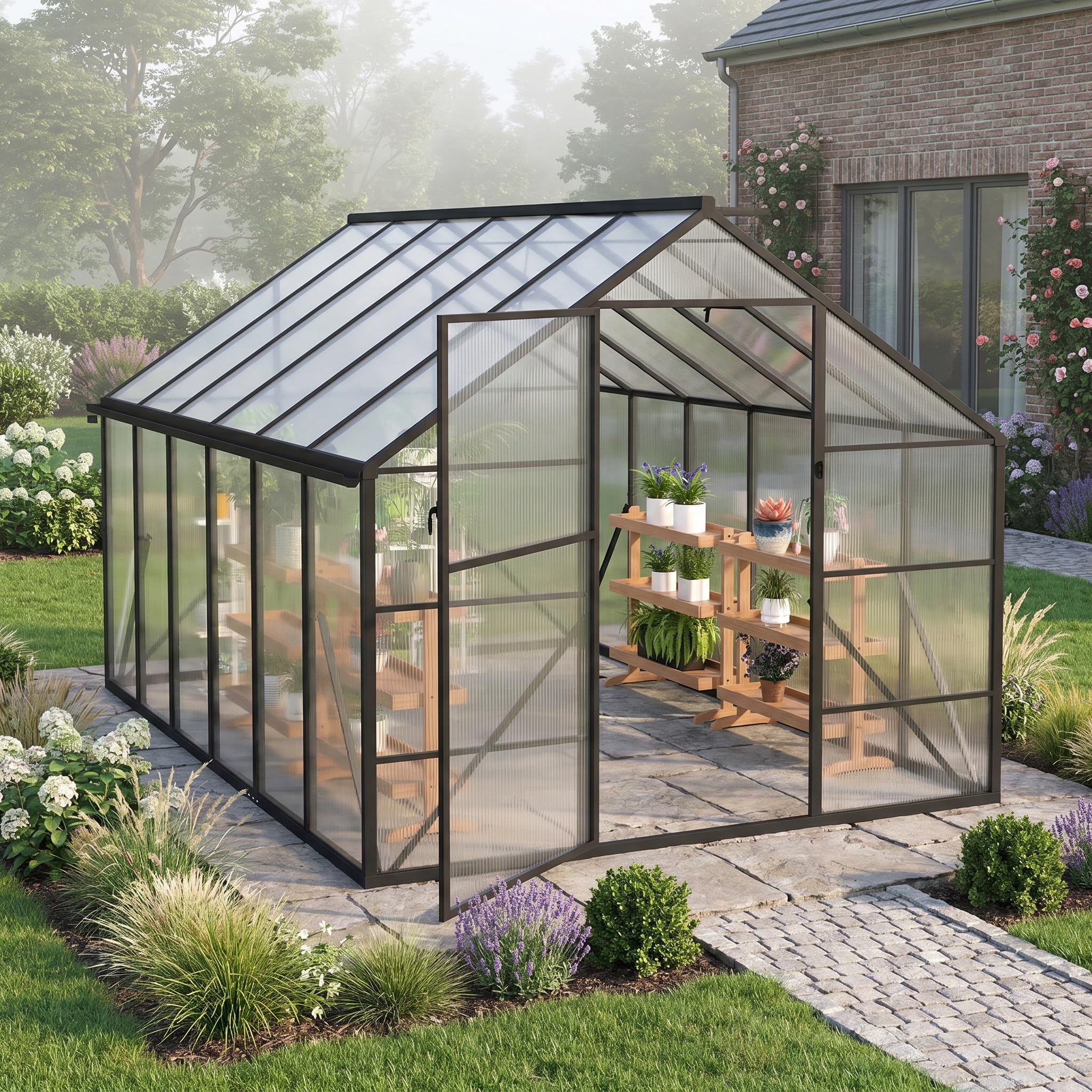 YRHome Aluminium Gewächshaus 249,5x379,5x204,5cm, 5.2mm Polycarbonat Hohlkammerplatten, Schwarz, Gartengewächshaus Wetterfest Winterfest Garten Treibhaus Gartengewächshaus Schwarz