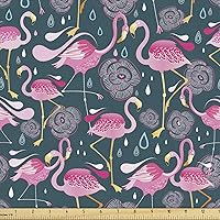 Vista 17 de Ambesonne The Yard, tela de mariquitas de The Yard, flores exóticas hibisco hawaiano follaje ilustración botánica flor de primavera, tela