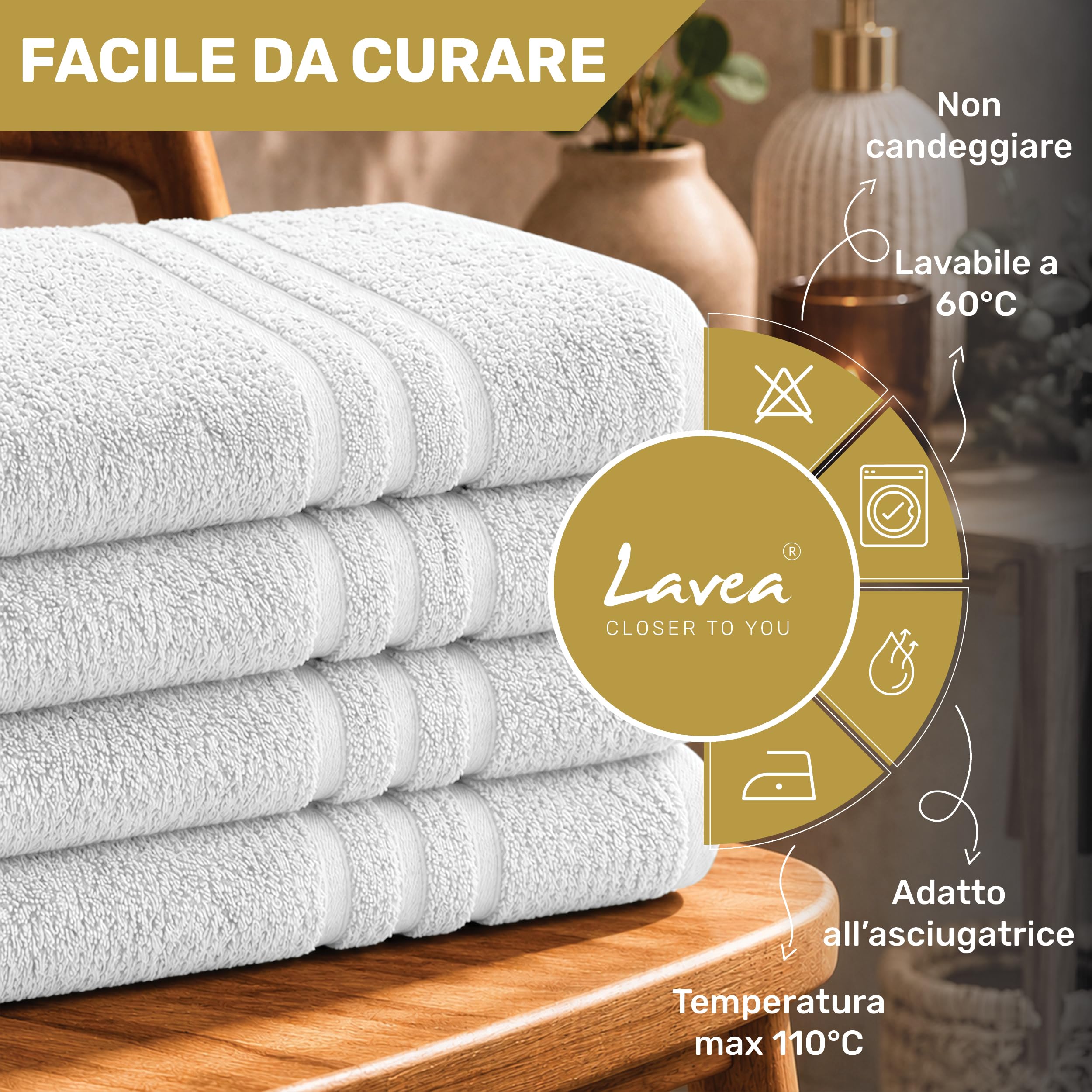Lavea® Set Asciugamani Bagno 8 Pezzi 50x100 cm – Spugna 100% Cotone Morbida e Assorbente – Asciugamani Viso, Mani e Bidet per Casa, Hotel, Spa – Bianco