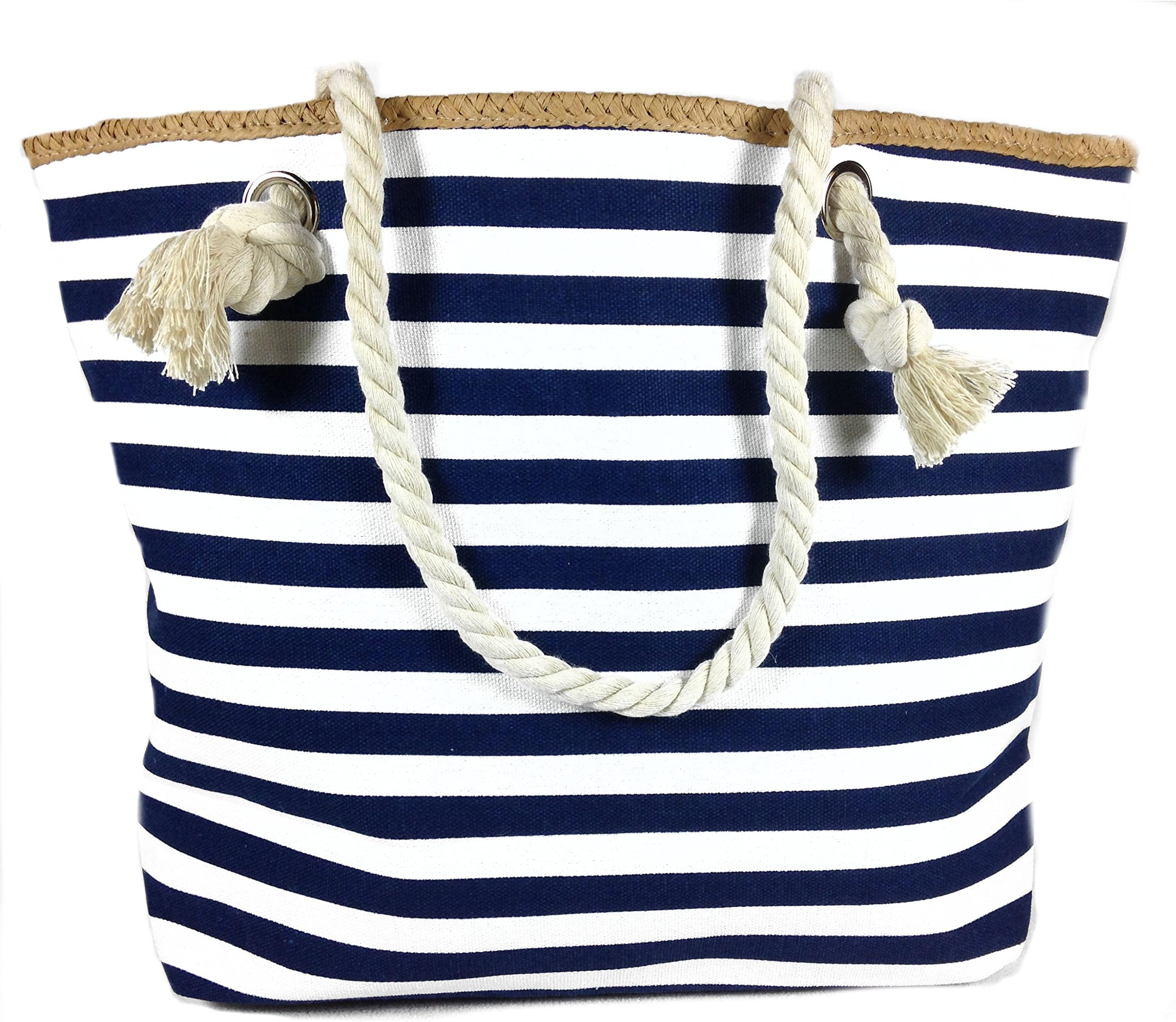 Banded Striped Beach Town Tote Bag with Rope Handles