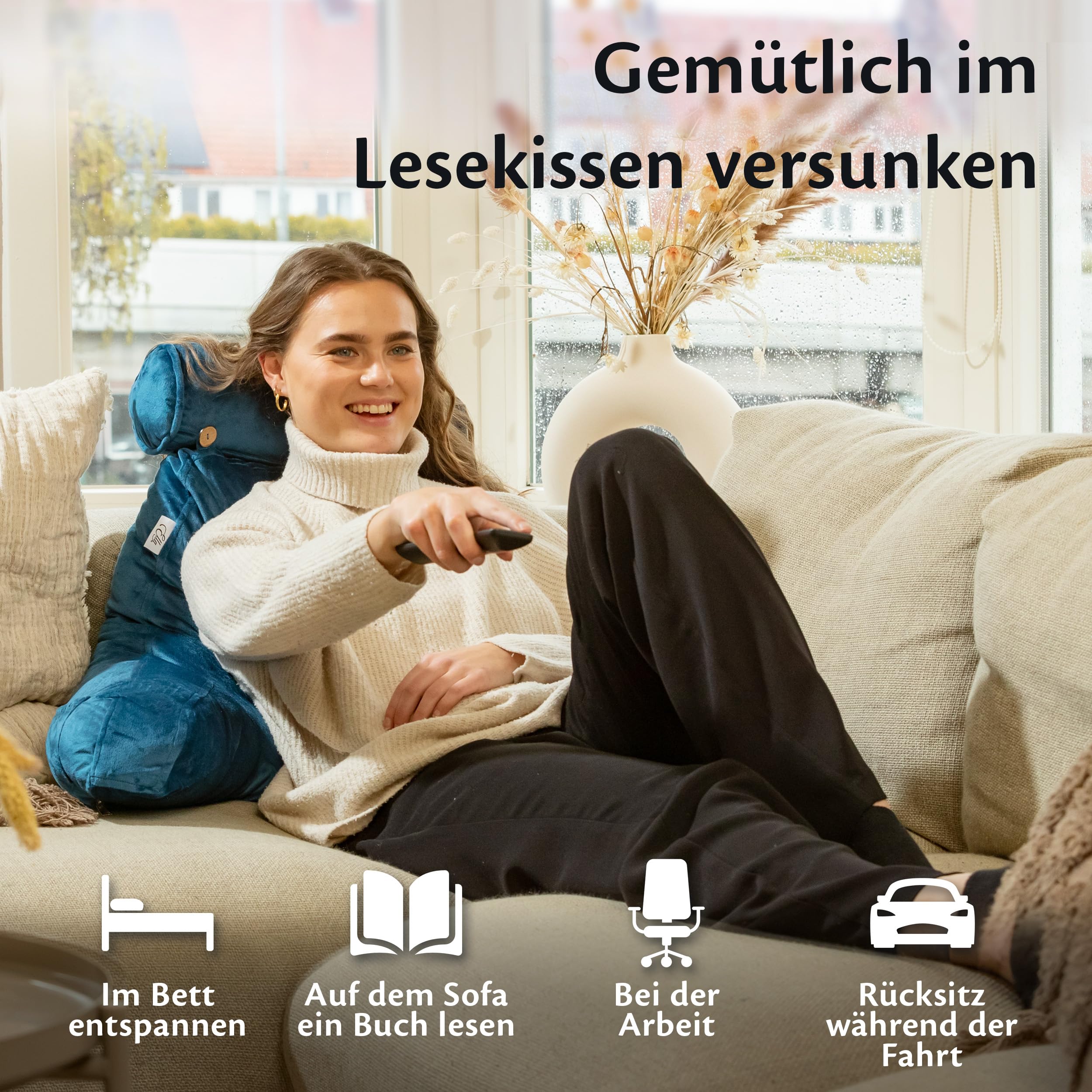 Ella Lesekissen für Bett und Sofa mit Abnehmbarer Nackenrolle - Rückenkissen Bett - Reading Pillow aus Memory Foam mit Armlehne, Ideal zum Lesen, Fernsehen, Faulenzen oder als Rückenstütze - Blau