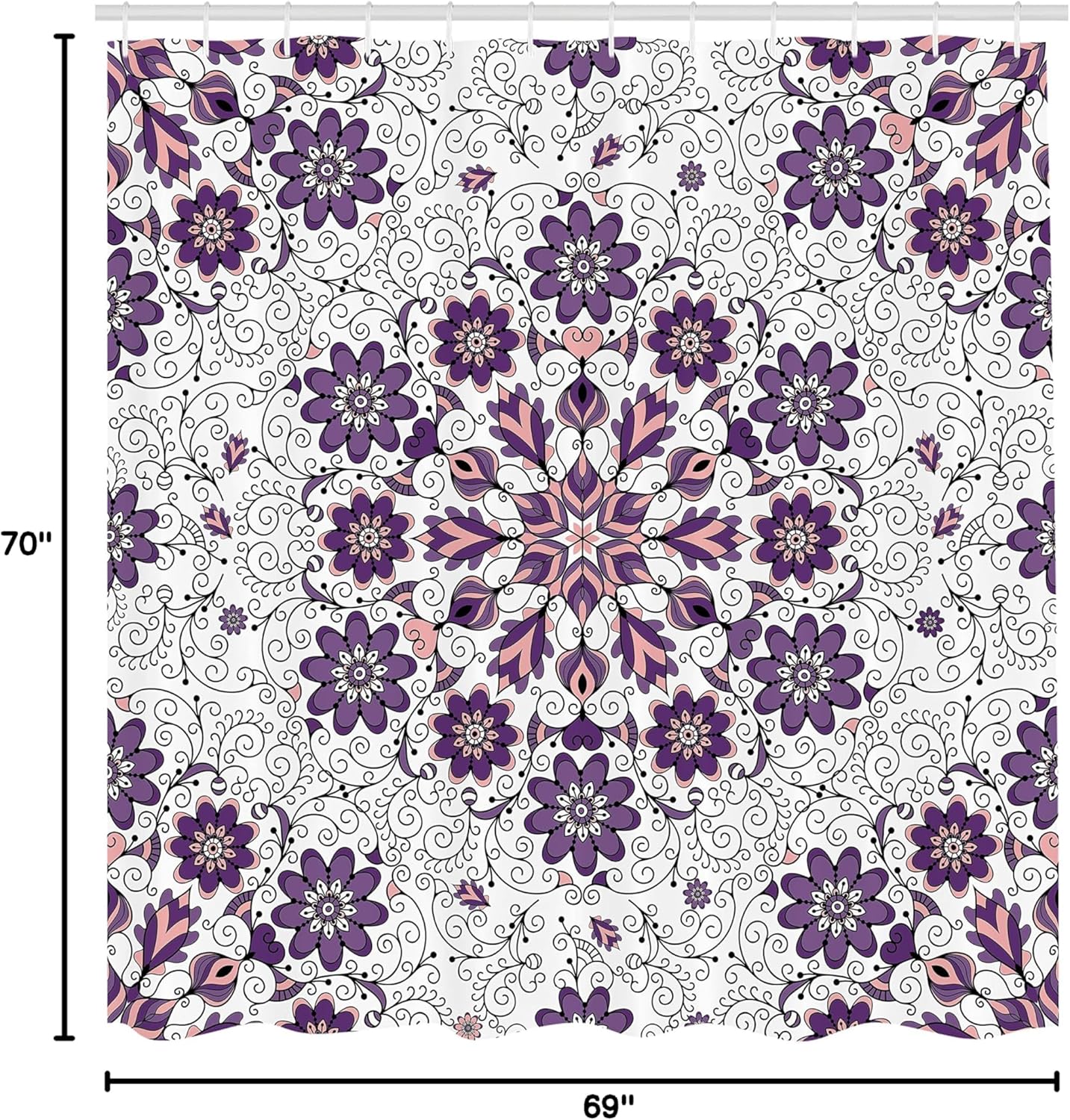 Ambesonne Ethnic Shower Curtain, Vintage Abstract Flower Swirls Leaves Doily Style Pastel Illustration, Cloth Fabric Bathroom Decor Set with Hooks, 69" W x 70" L, Pale Eggplant