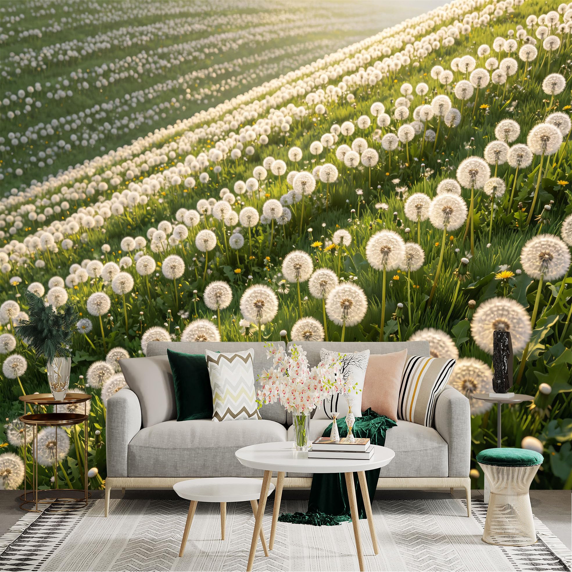 Lnzczhyre Dbh260521451 Custom Size Wall Sticker Mural， Meadow With Fluffy Dandelions， Sunny Spring Nature Landscape， Blooming Wildflowers， For Wall Decoration， Peelandstick Wall Decals.
