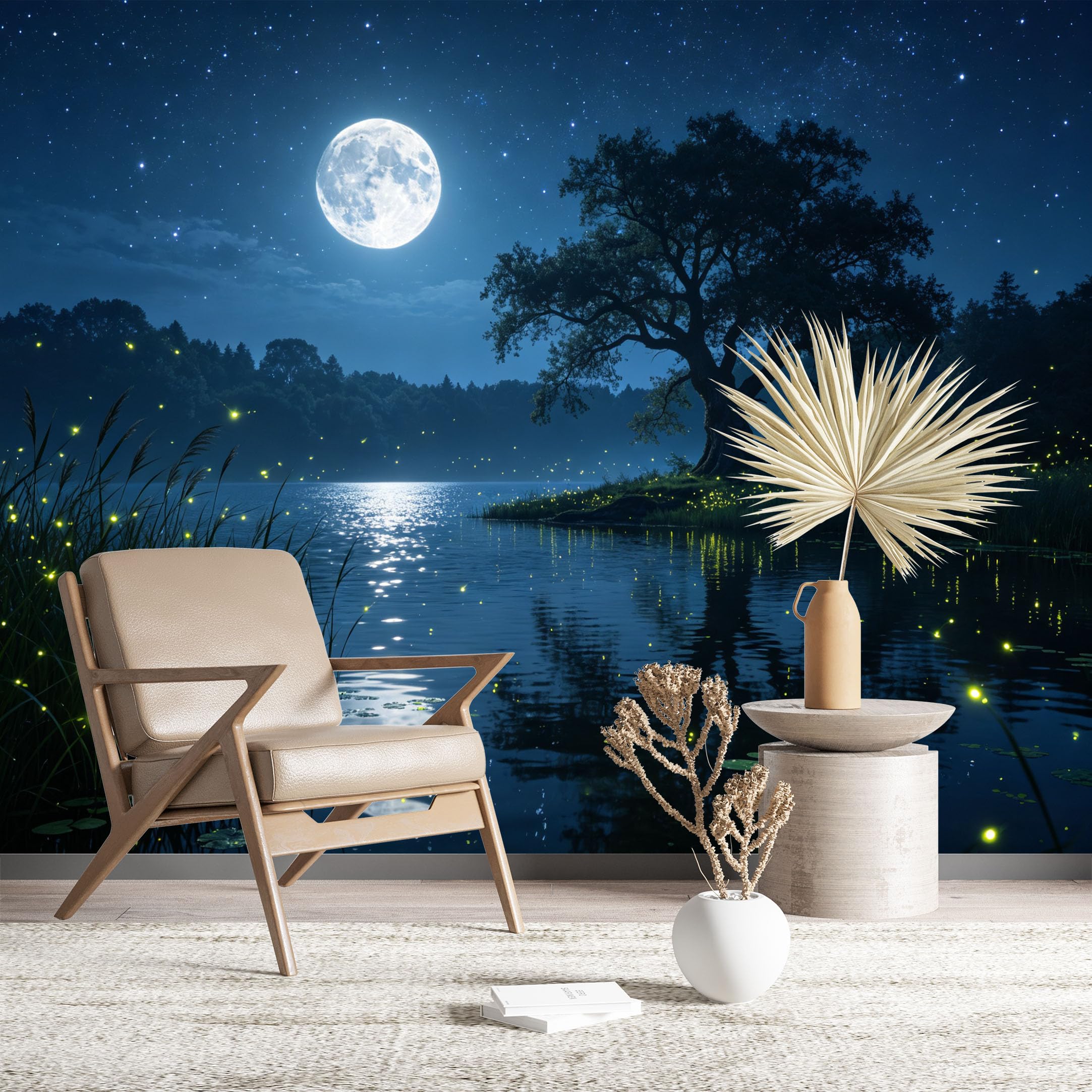 Custom Size Wall Murals Moonlit Lake with Fireflies and Frog Wall Murals Night Nature Wallpaper Vivid Self-Adhesive Removable Wallpaper for Living Room Bedroom