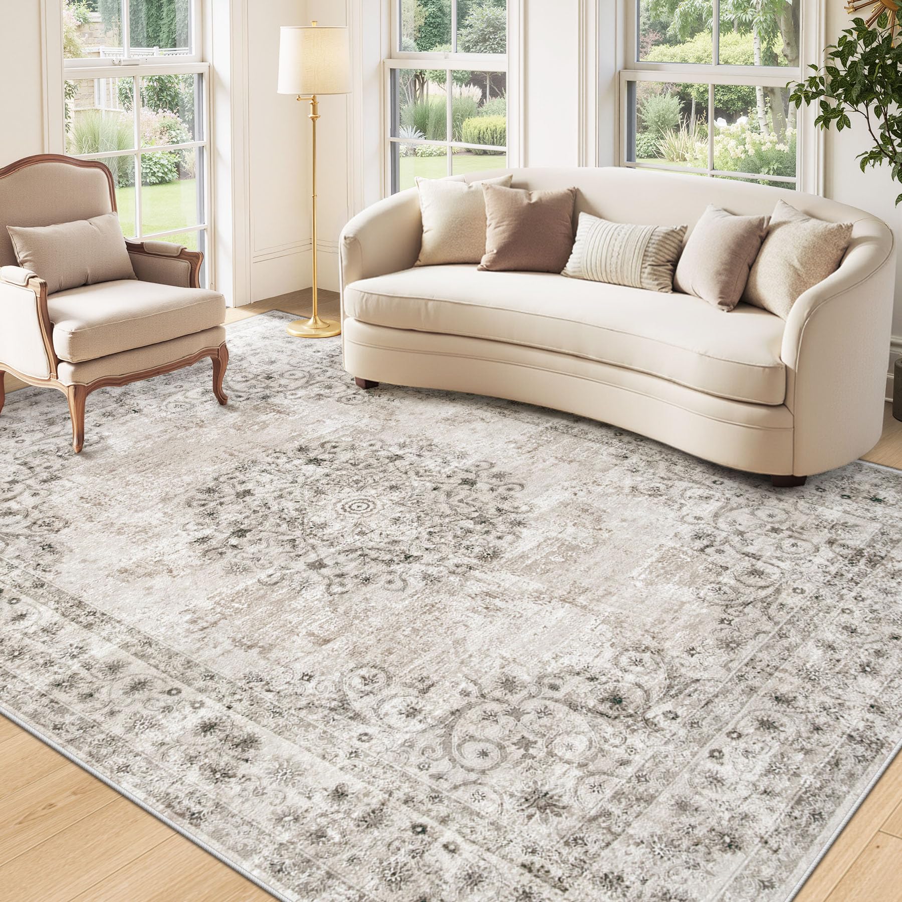 Area Rug 5x7 Vintage Rug: Washable Indoor Medallion Rugs Low Pile Distressed Floor Carpet Retro Accent Rug for Living Room Bedroom Kitchen Dining
