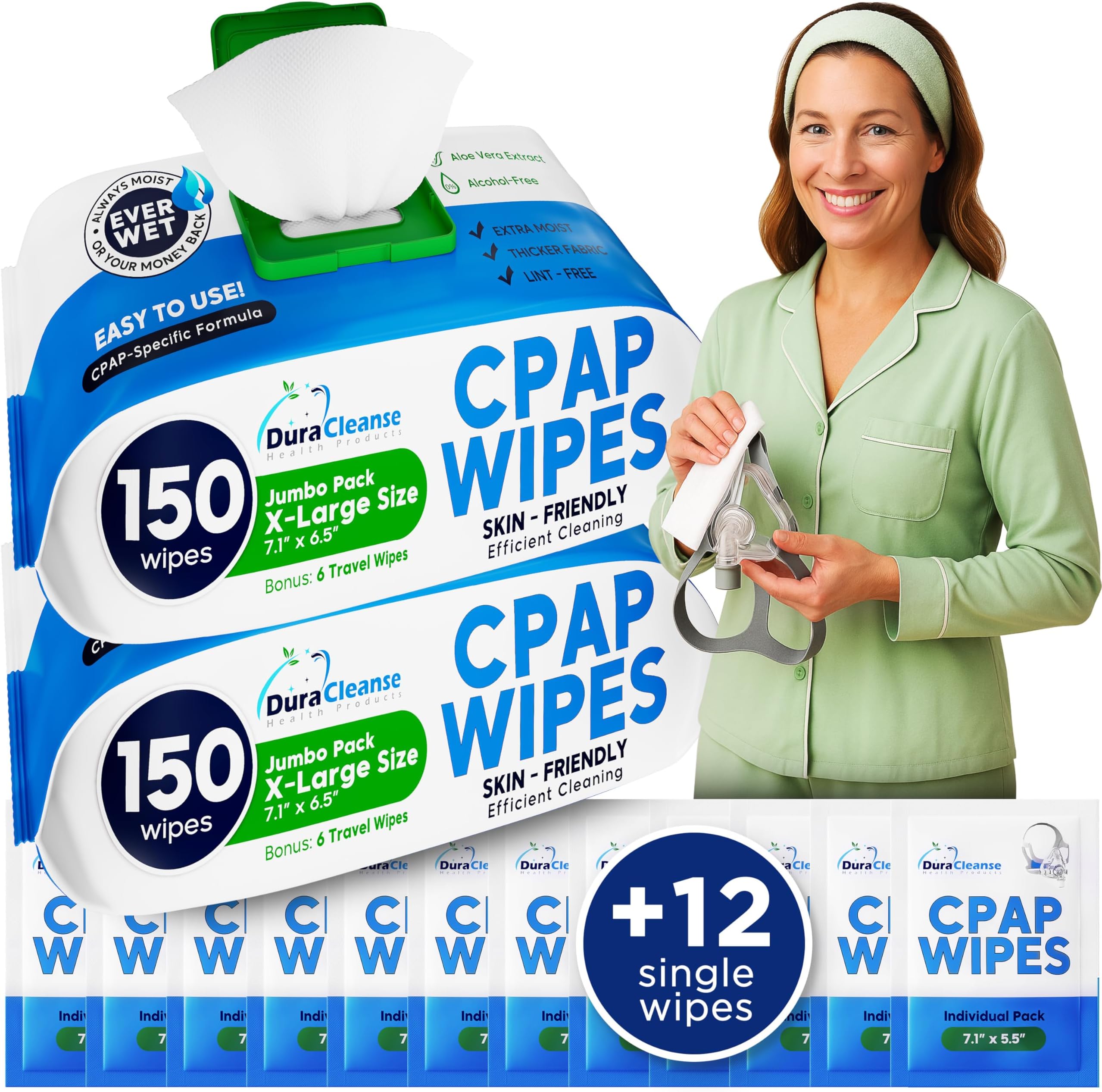 DuraCleanse CPAP Mask Cleaning Wipes - 2 Pack -2x150 Count Plus 2x4 Travel Wipes - Extra Large, Extra Moist Cleaning CPAP Wipes for Mask, CPAP Machine & Supplies - Skin Safe with Aloe Vera