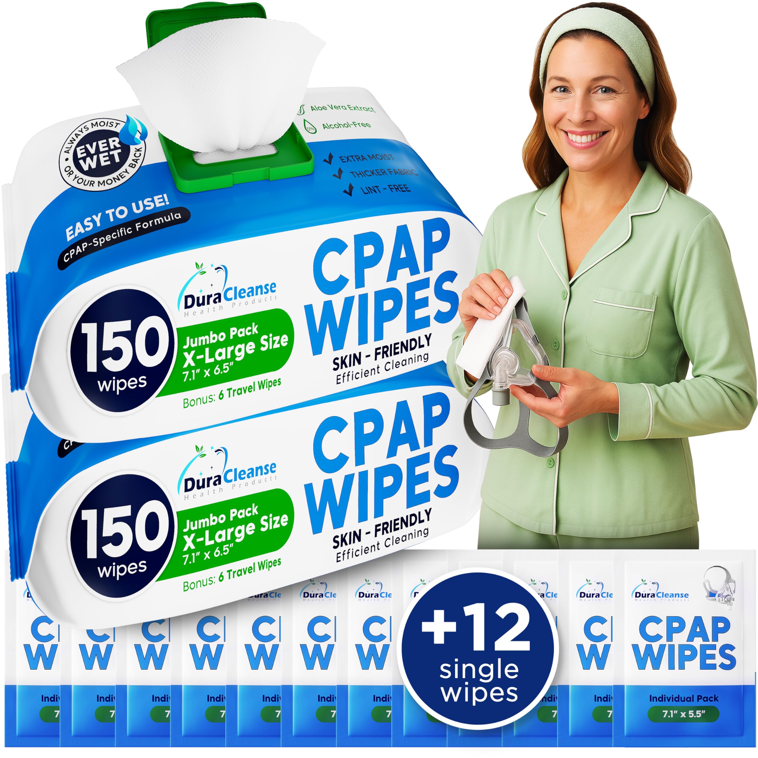 CPAP Mask Wipes - 300 Count Jumbo Pack + 12 Travel Sheets - Dura Cleanse Extra Large, Extra Moist Cleaning Wipes for Full Face, Nasal Masks Unscented Cleaner for CPAP Machine Supplies and Accessories
